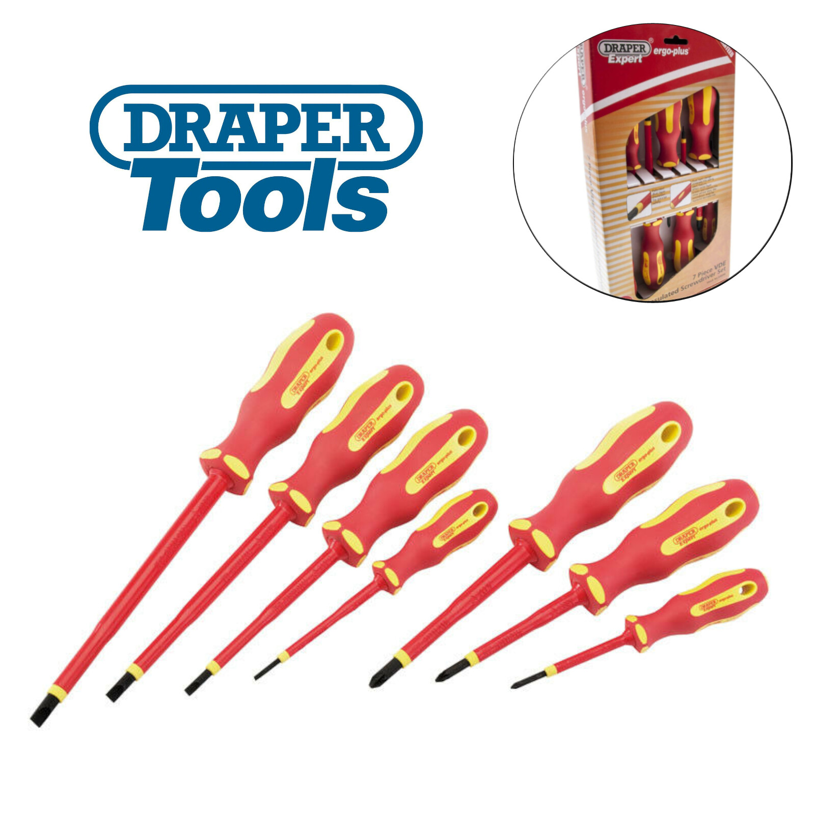 Draper Expert Electricians Screwdriver Set Fully Insulated VDE 7 Piece Ergo Plus