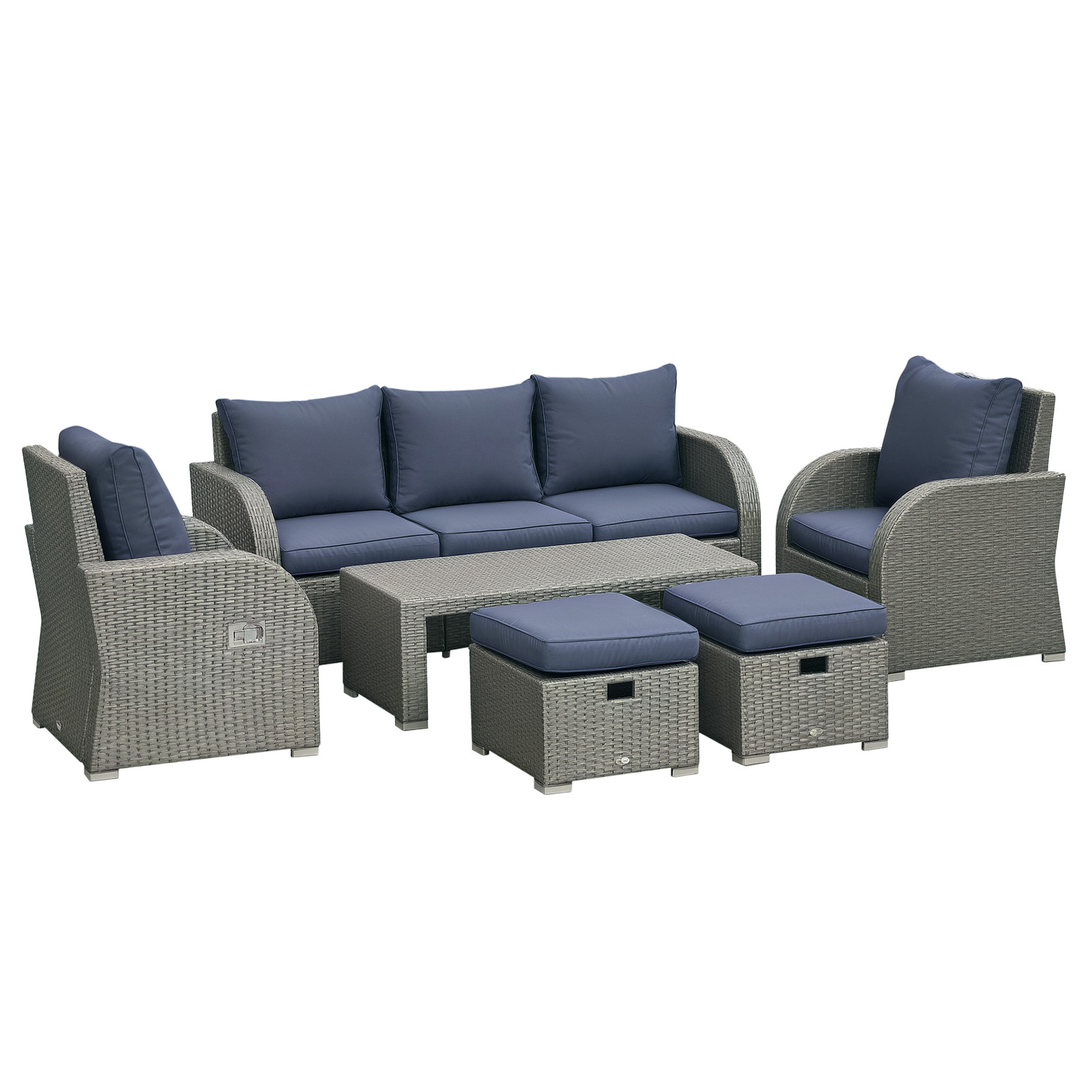 Outsunny Rattan Garden Furniture Set with Recliners, Footstools, Blue