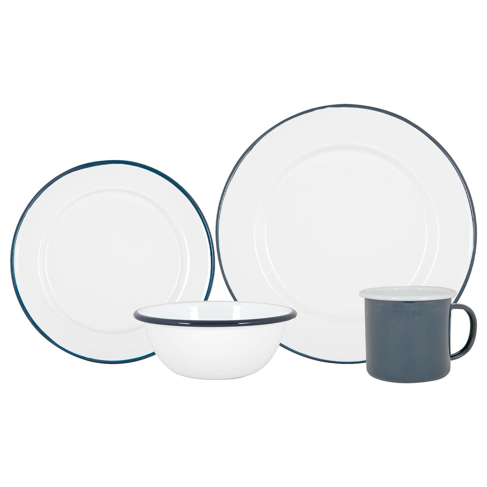 16pc White Enamel Dinnerware Set Steel Outdoor Camping Plates Bowls Mugs Navy