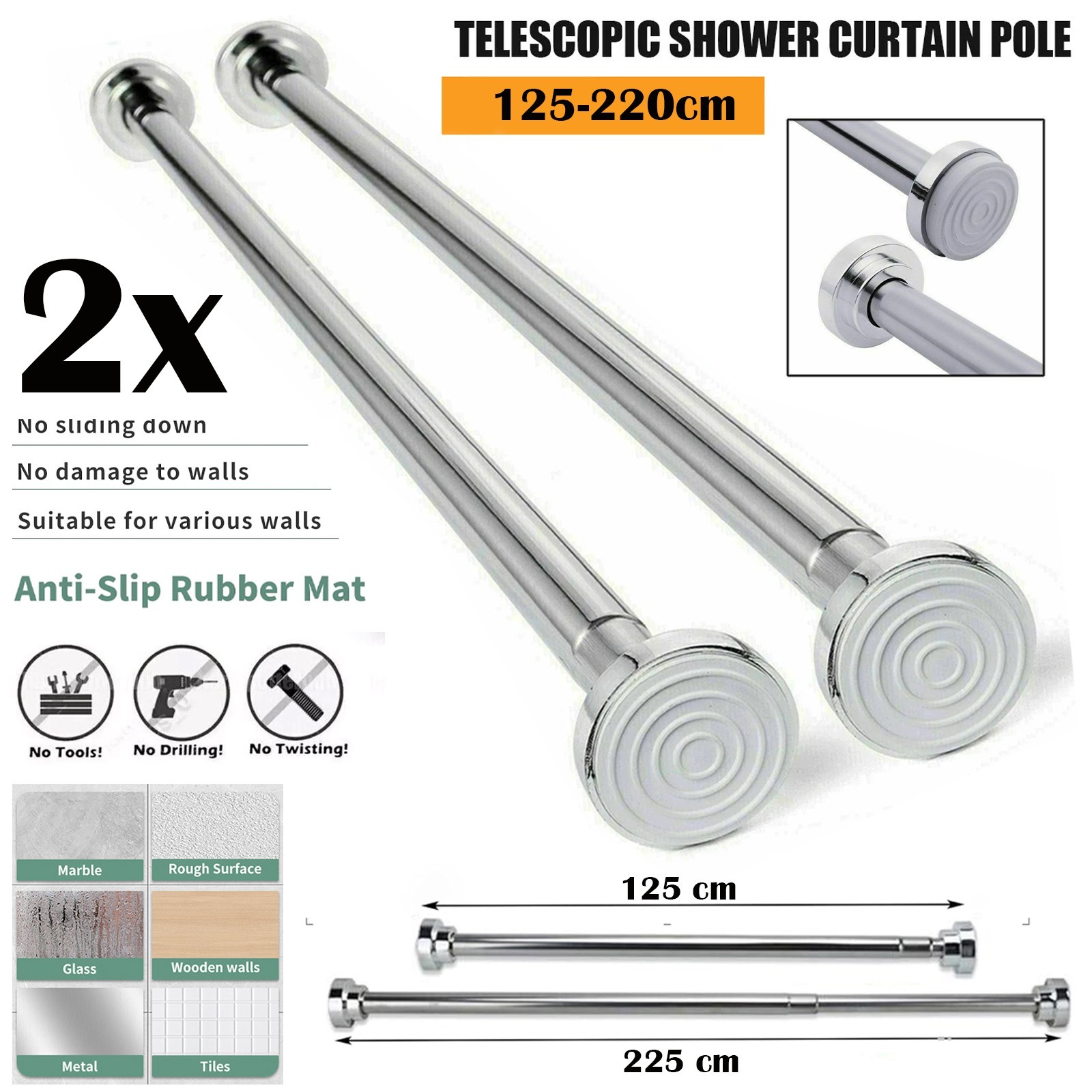 2x Extendable Shower Curtain Pole 125-220cm Telescopic Stainless Steel Rail Rod