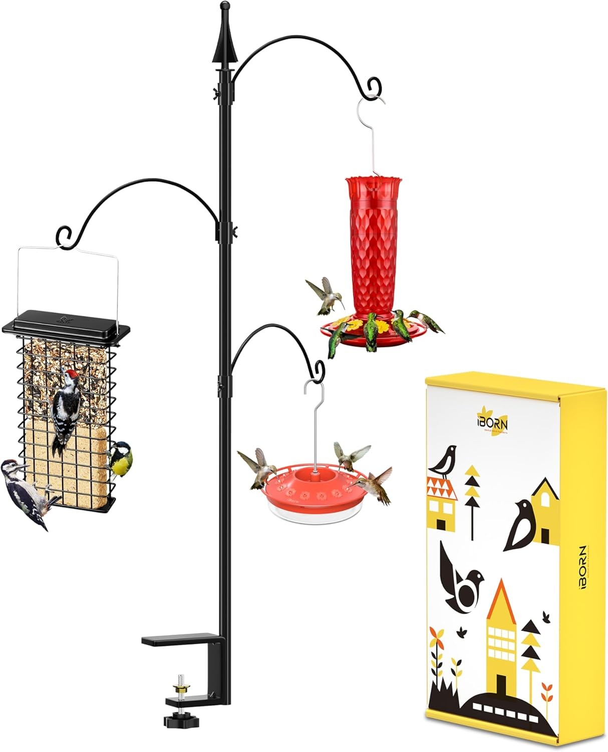 iBorn Deck Bird Feeder Pole Balcony Clamp, Three Adjustable Shepherds Hooks For