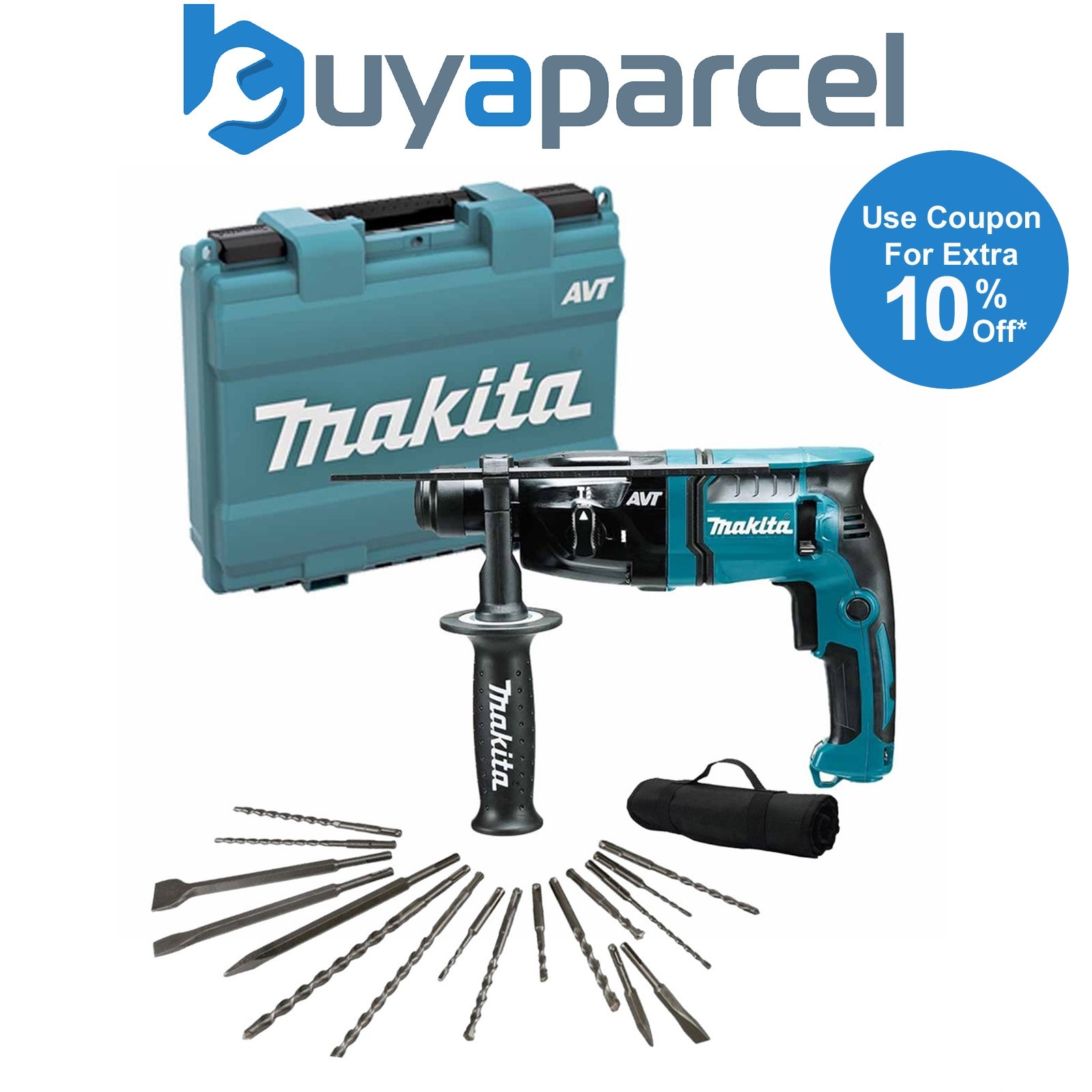 Makita HR1841F 240v SDS Plus AVT 2 Mode Rotary Hammer Drill + 17pc SDS Bit Set