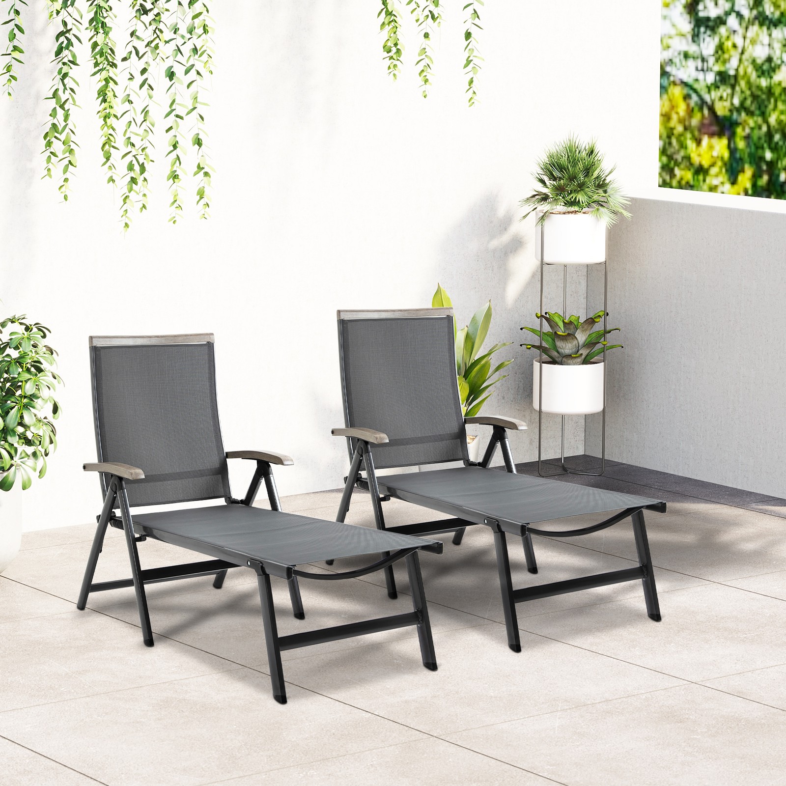 Set of 2 Outdoor Folding Chaise Lounge Chairs Adjustable Sun Loungers, Grey