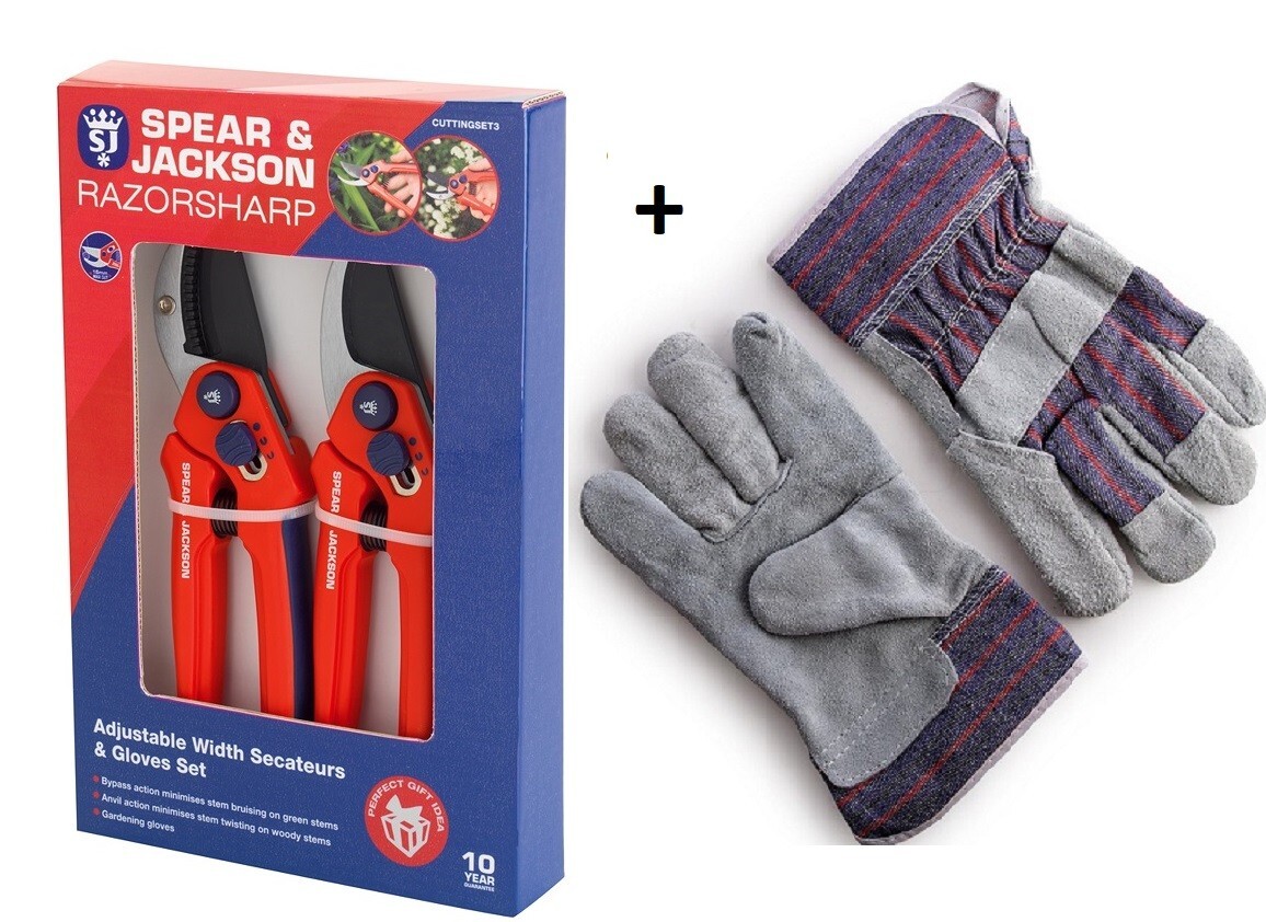 Spear & Jackson CUTTINGSET3 Razorsharp Adjustable Width Secateurs & Gloves Set