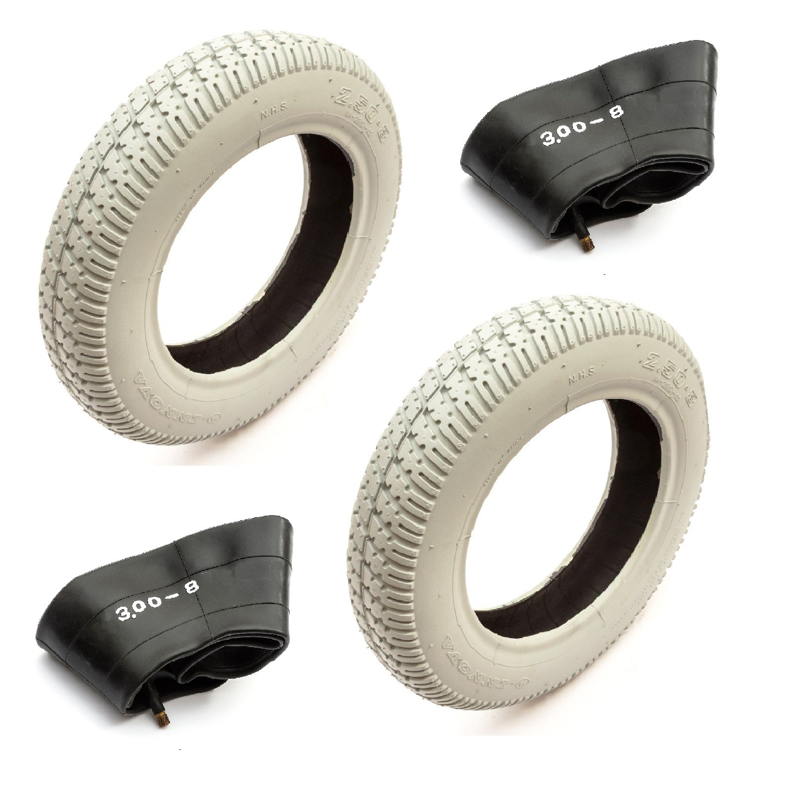 2x 14 Inch Mobility Scooter Tyre & Tube 2.50-8 Grey Block Tread 4 Ply 8'' Rim