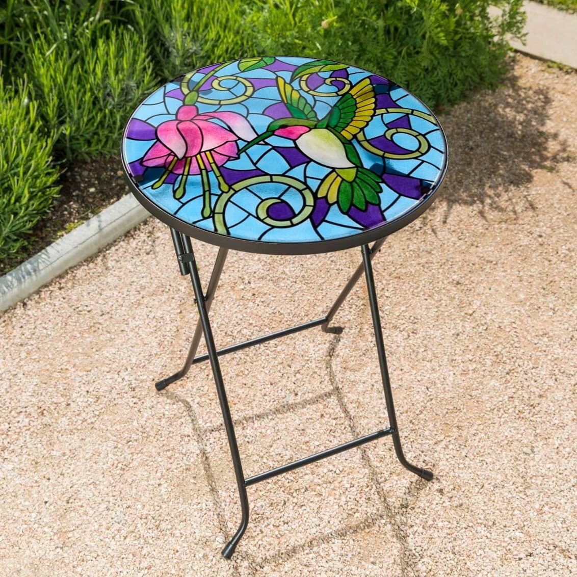 Hummingbird Glass Side Table Round Hand Painted Mosaic Foldable Home Garden