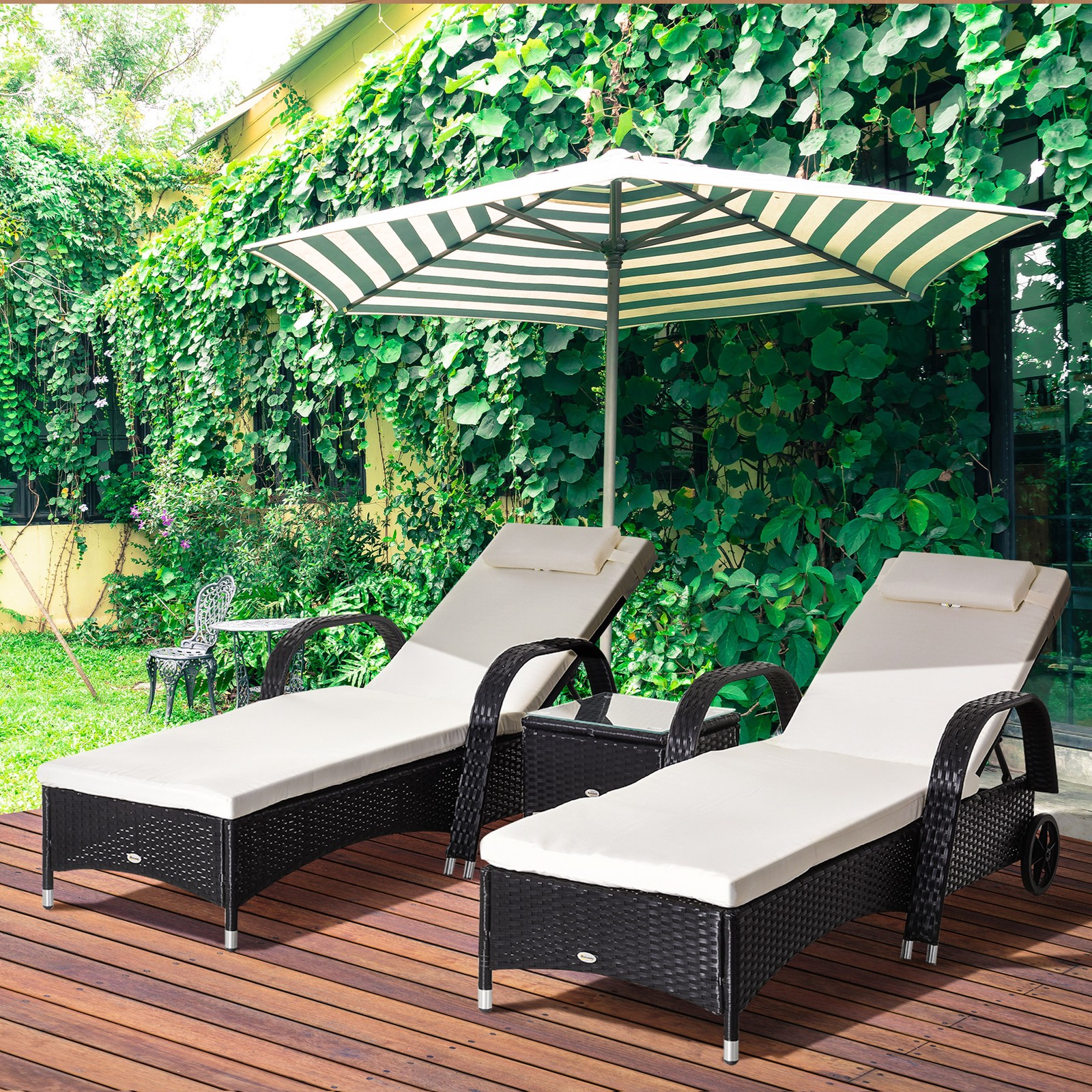 3PC Rattan Sun Lounger Wicker Sofa Day Bed Recliner Furniture Garden Patio Black