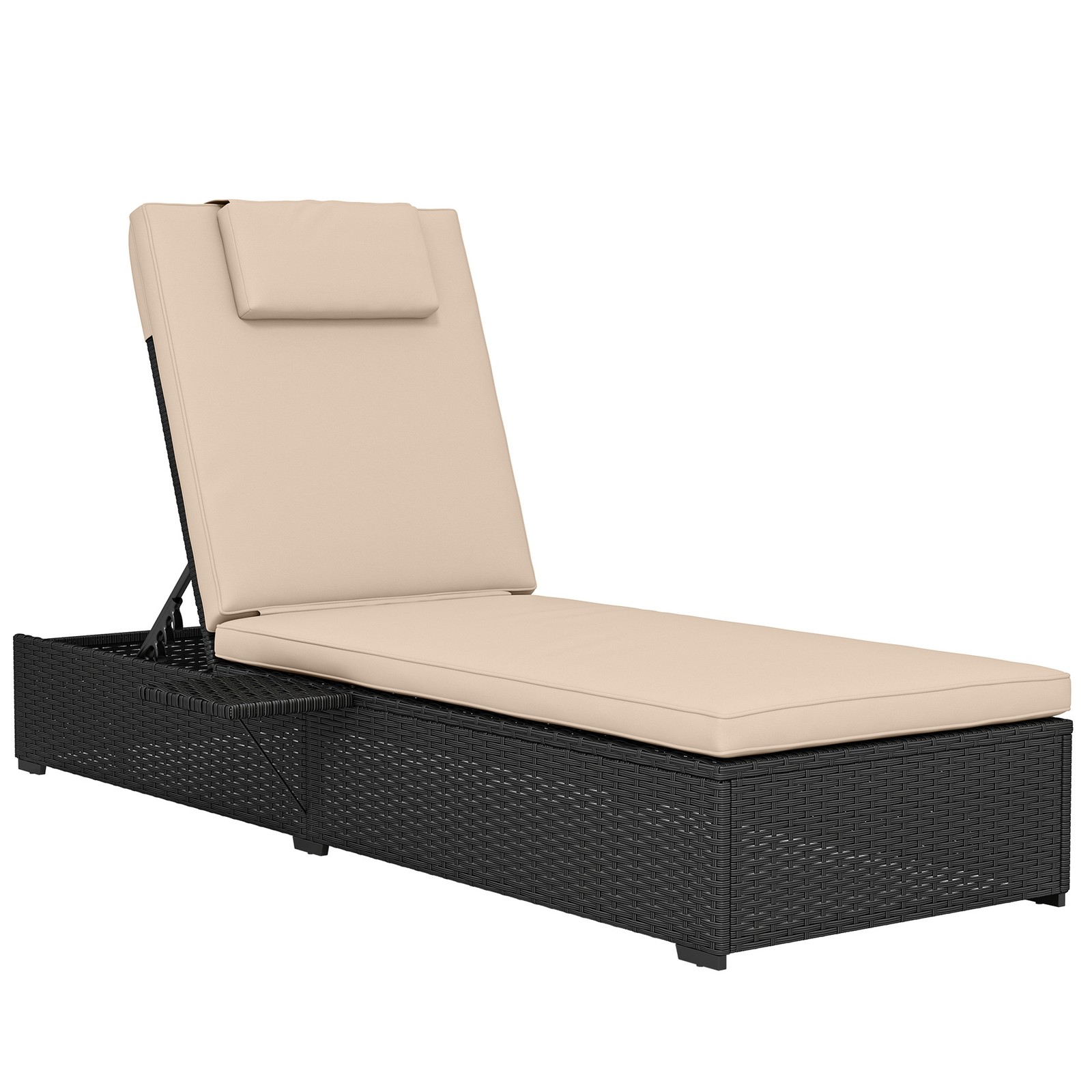 Outsunny Rattan Sun Lounger, Garden Recliner w/ 5-Level Back, Cushion, Black