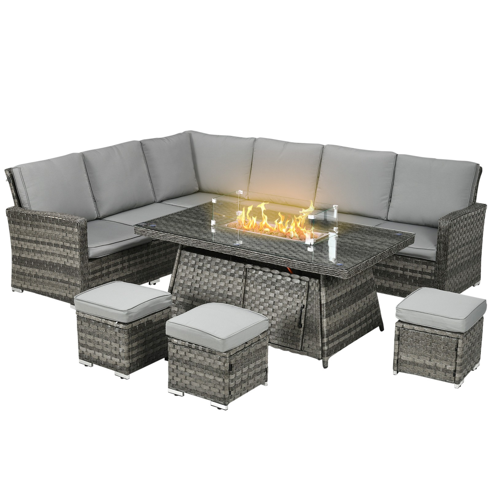 Outsunny 7 Pieces Rattan Garden Furniture Set w/ 50,000 BTU Fire Pit Table