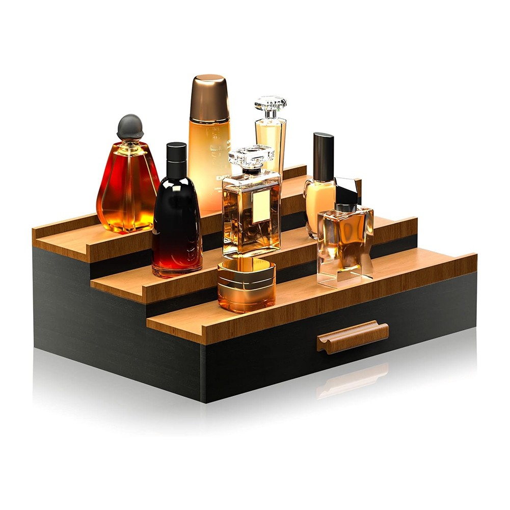 Wooden Storage Box Perfume Display Stand with Hidden Drawer Stepped4558
