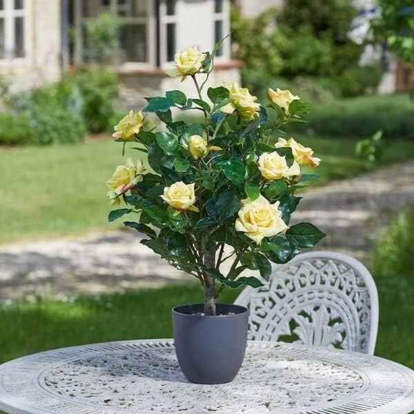 Artificial Rose Bush Tree Potted Plant Yellow Faux Flowers Home Decor Garden