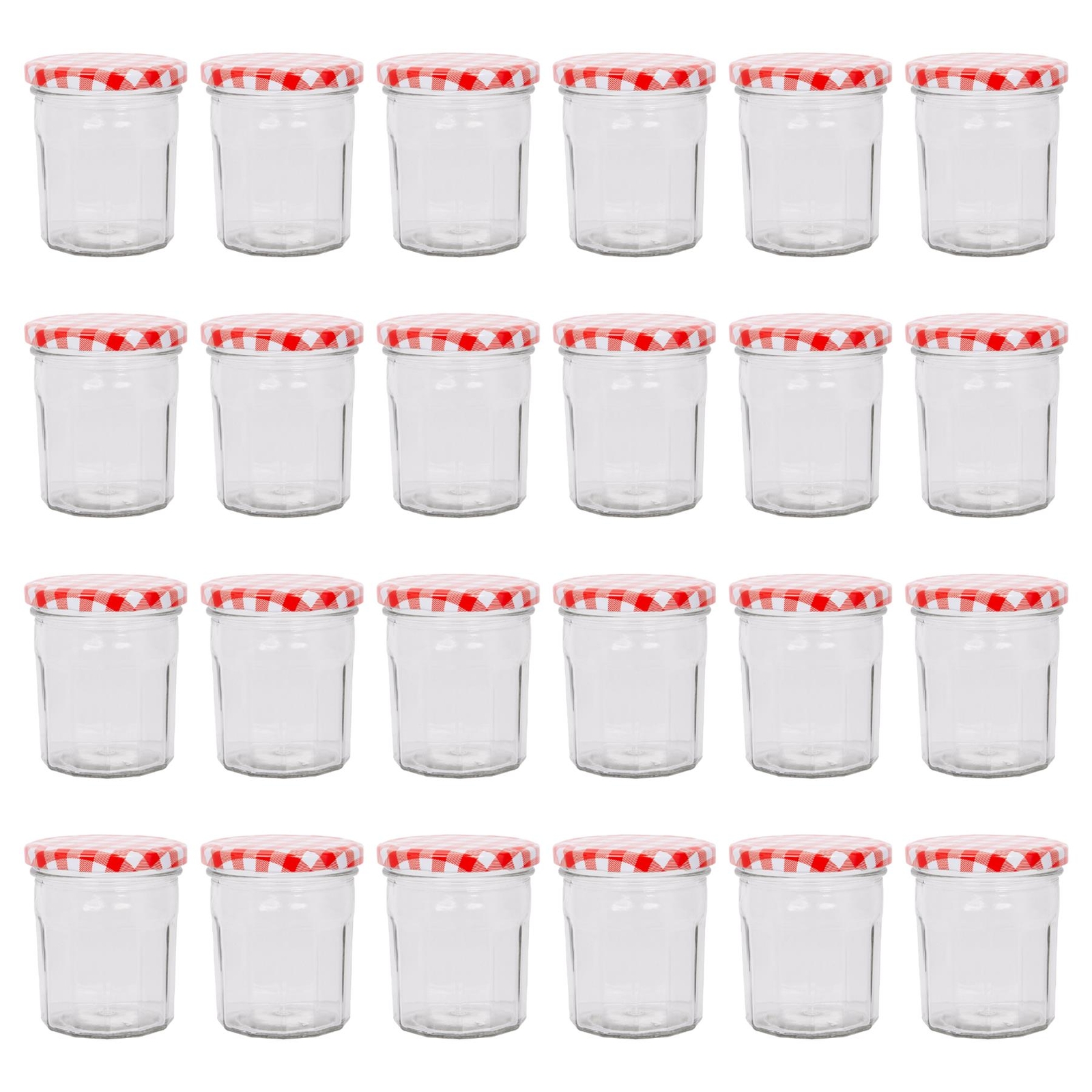 24x 250ml Glass Jam Jars with Red Gingham Lids Chutney Preserve Honey Storage