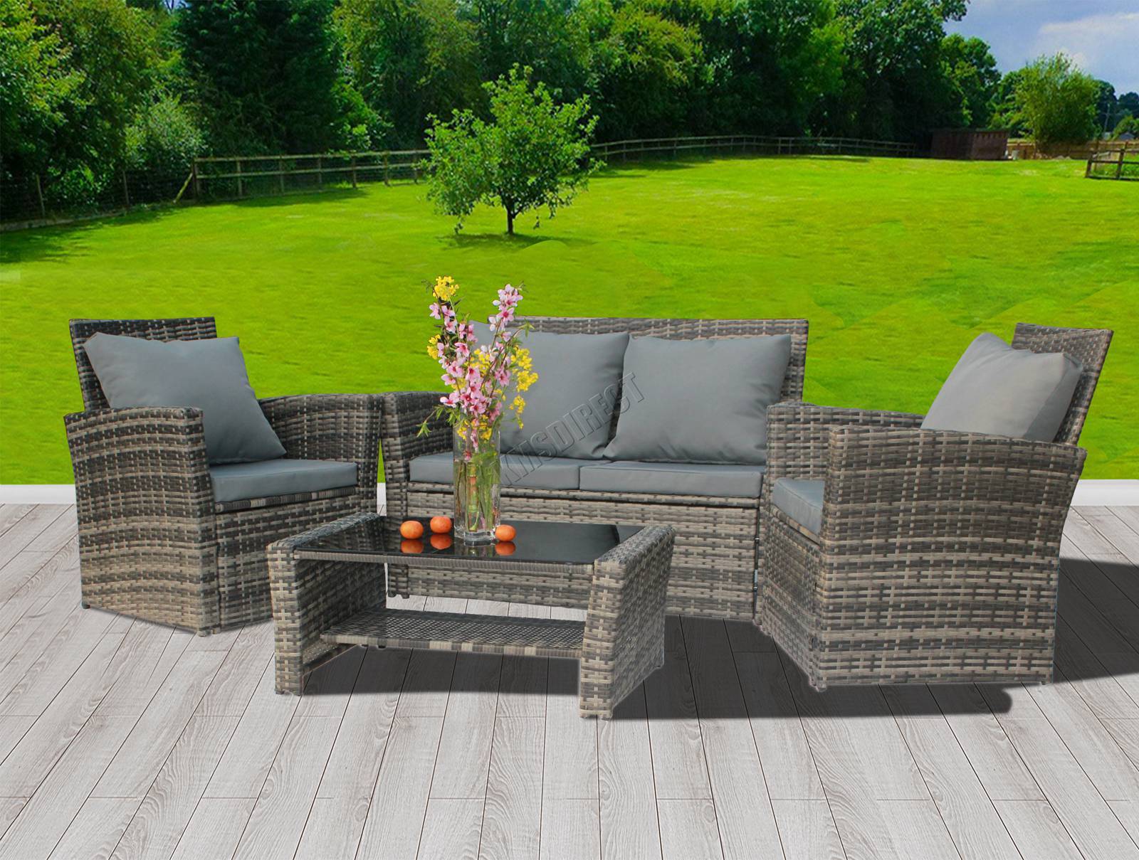 Rattan Furniture Set 4PCS Table Patio Garden Armchair Sofa Glass Coffee Grey