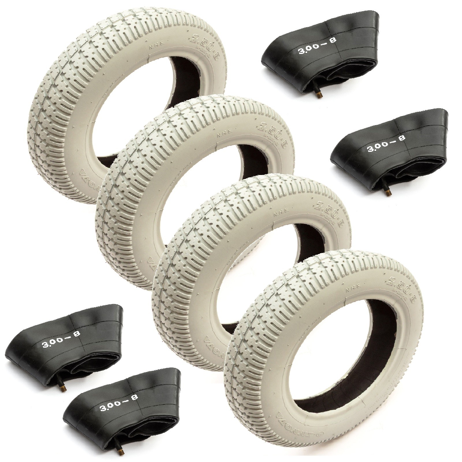 4 x Mobility Scooter 14 Inch Tyre & Tube 2.50-8 Grey Block Tread Wheel Rim 4 Ply