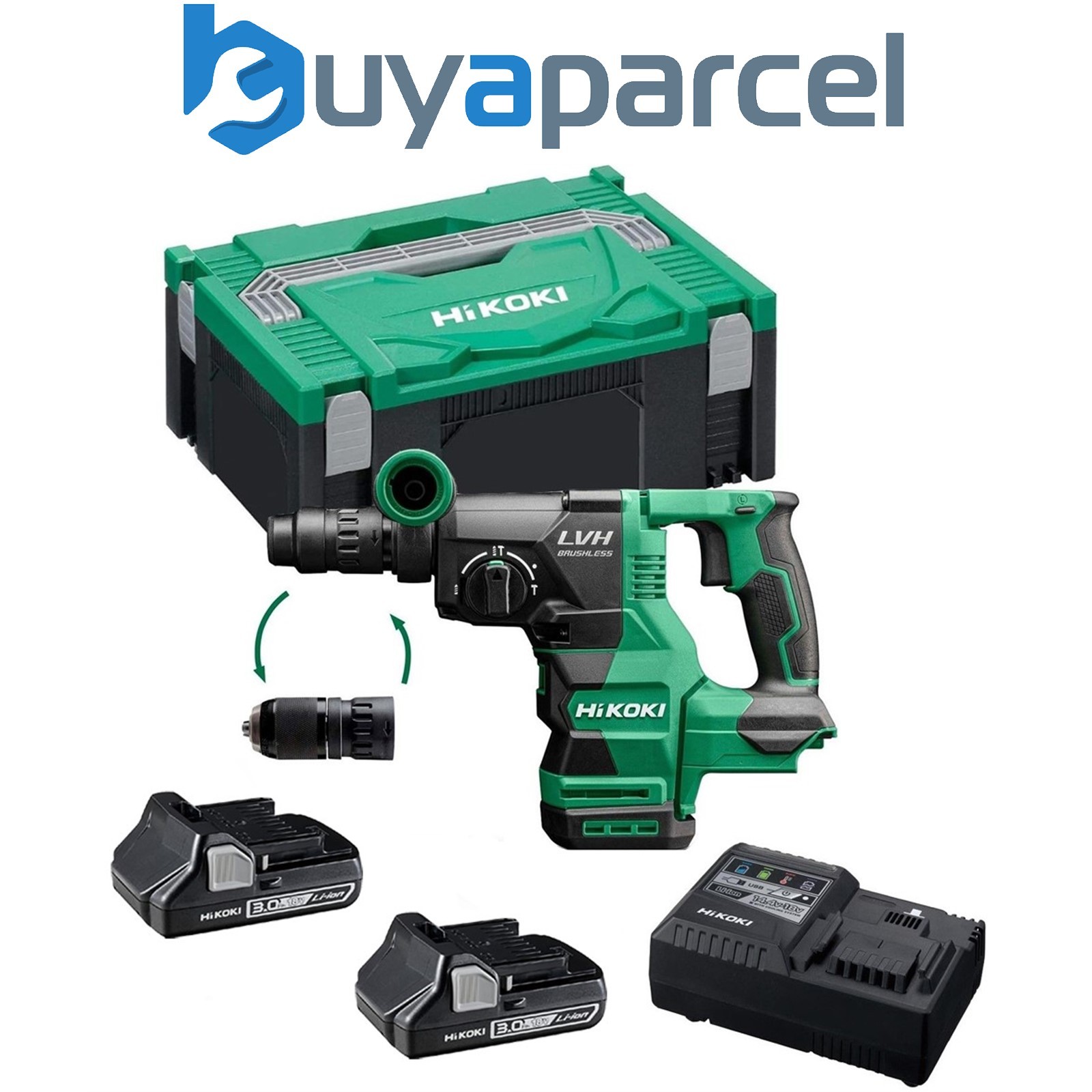 HiKOKI DH1826 Brushless 18v SDS+ 3.2J Rotary Hammer Drill X2 3AH + Case + Chuck