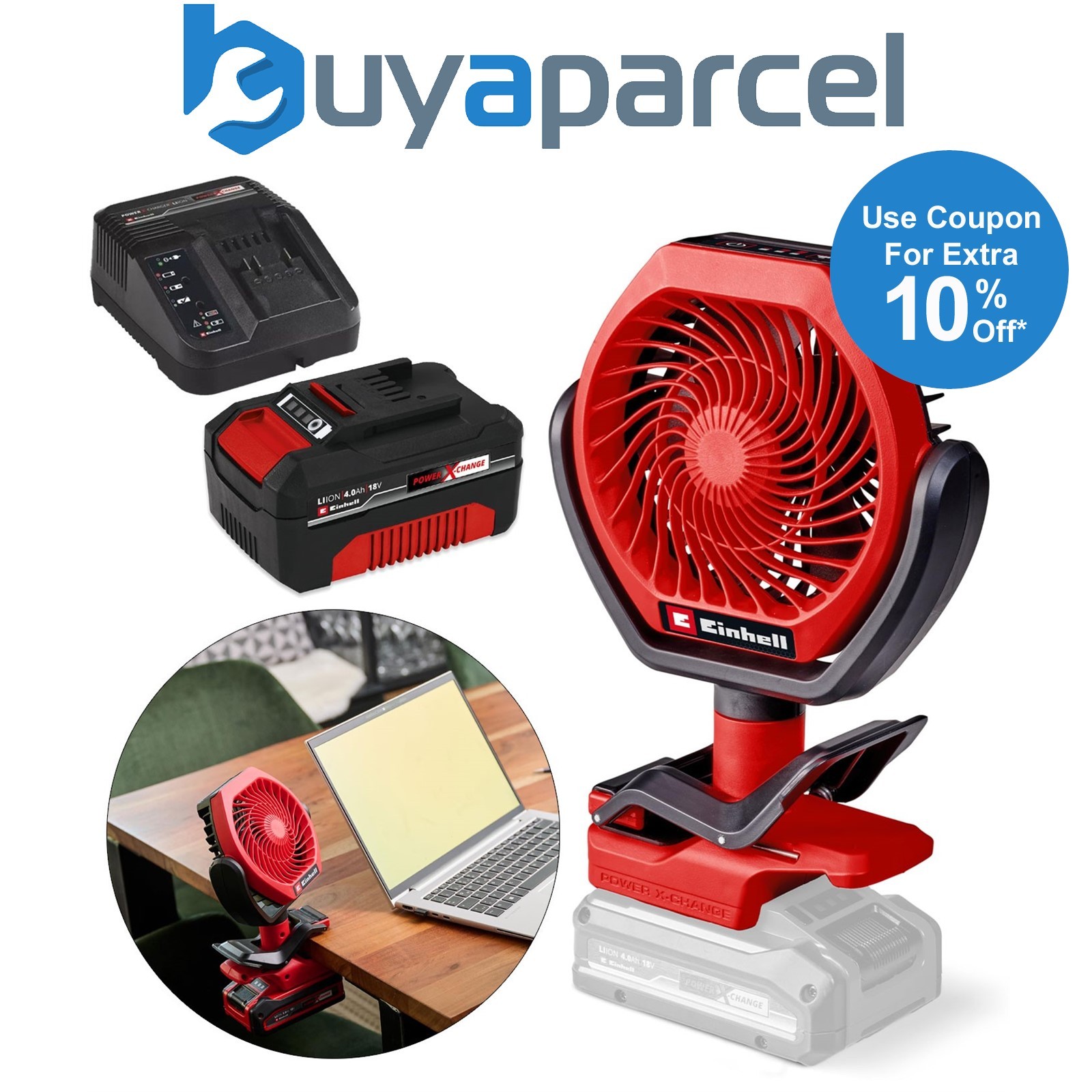 Einhell Cordless Desk Fan 18V 3 Speeds Adjustable 110mm GC-CF 18/110 Li 1 x4.0ah