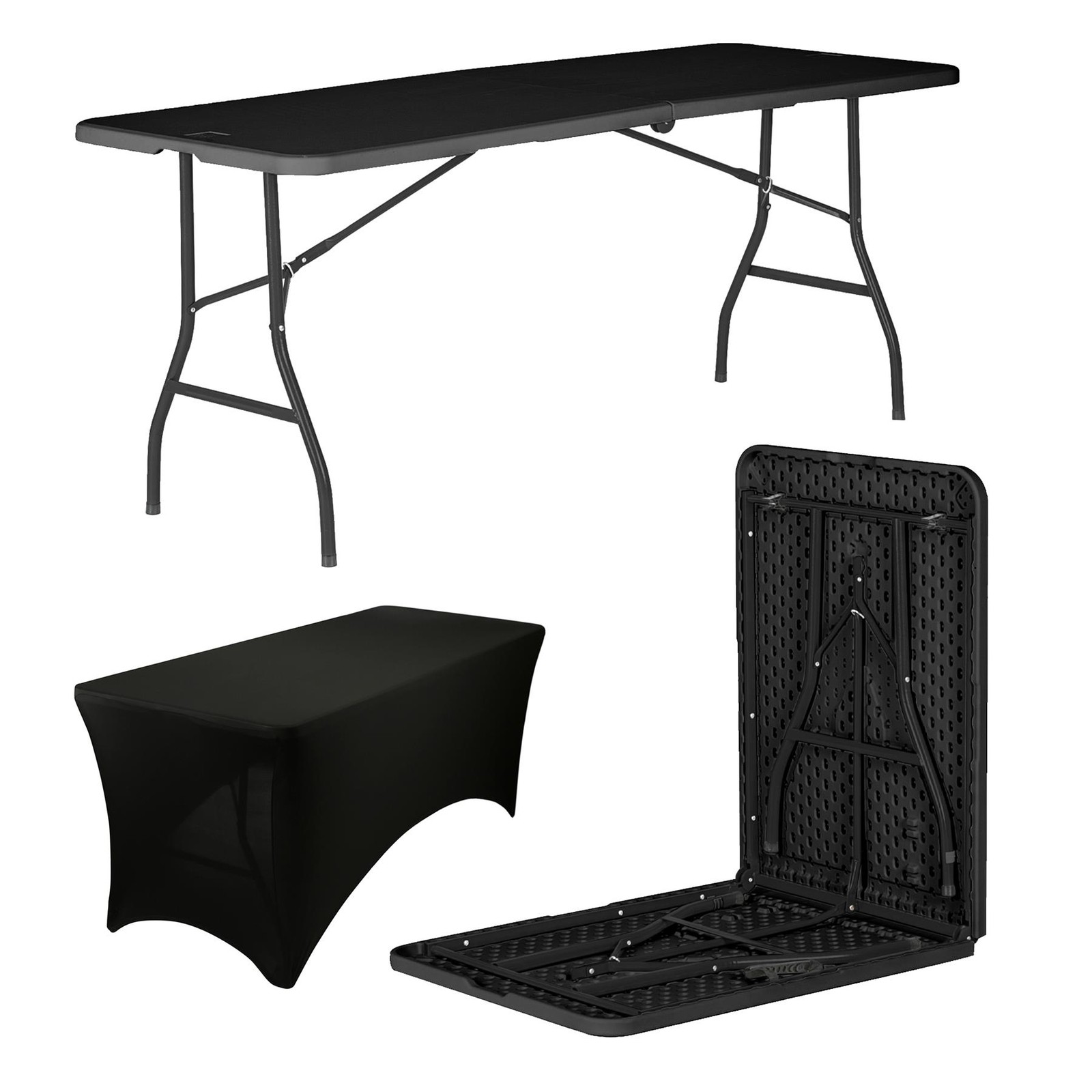 1x Folding Camping Picnic Table with Fitted Tablecloth 180cm (6ft) Black/Black