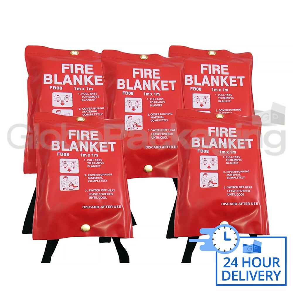 5 x QUALITY QUICK RELEASE LARGE FIRE BLANKETS 1M x 1M - HOME WORKPLACE KITCHEN