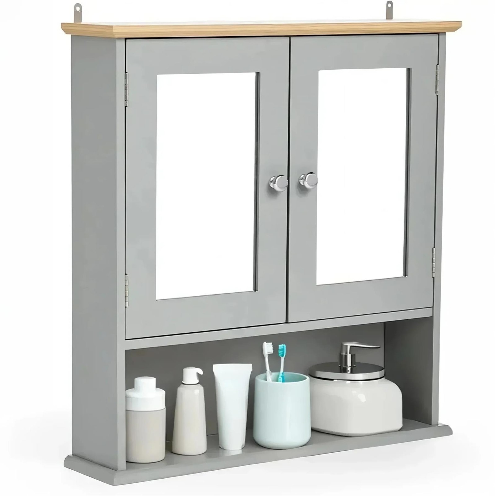 Grey Bathroom Mirror Cabinet Wall Mounted Storage Unit Cupboard Door Shelves