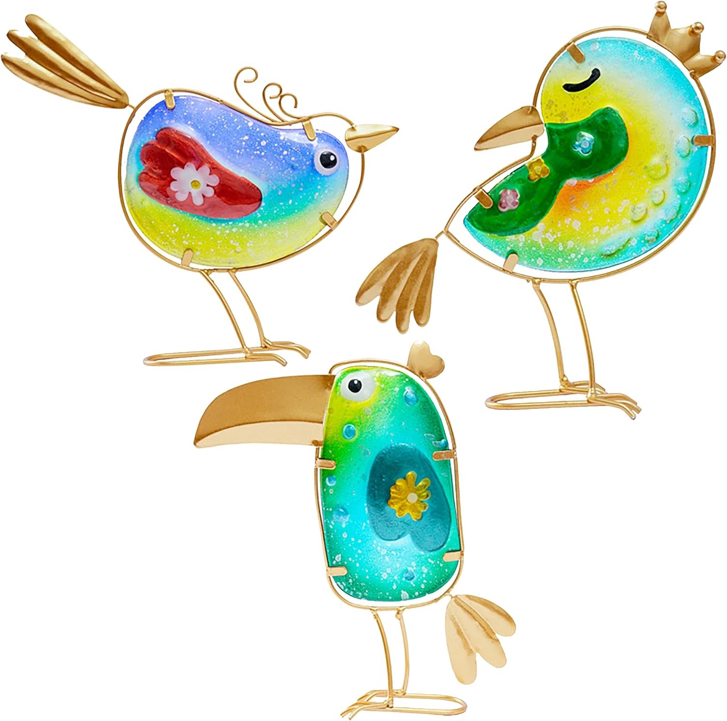 Glass Bird Garden Decor Outside - 3Pcs Colorful Bird with Crown Glass Metal Yar