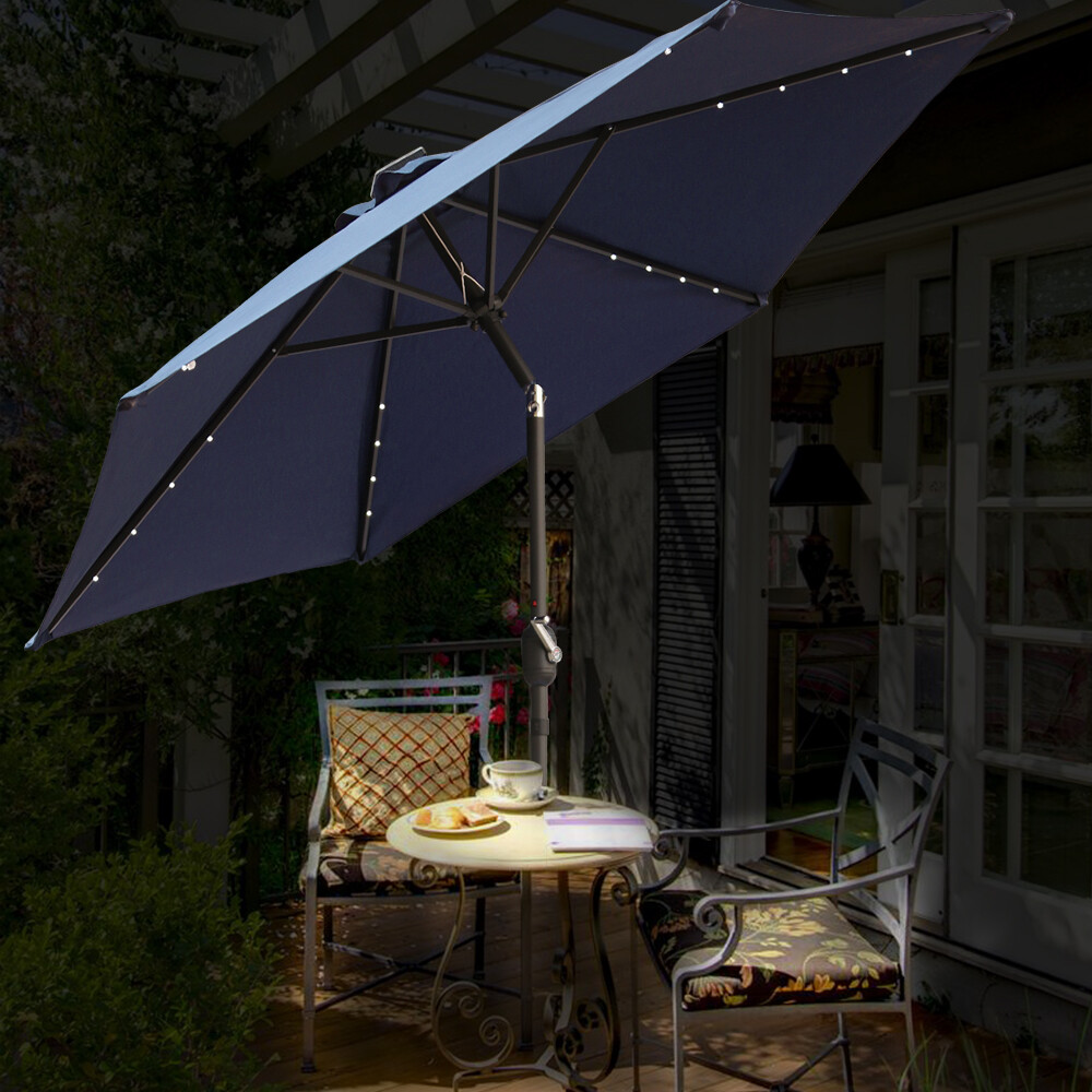 Blue 2.5M Garden LED Parasol Sun Shade Patio Outdoor Umbrella Round Tilt Crank