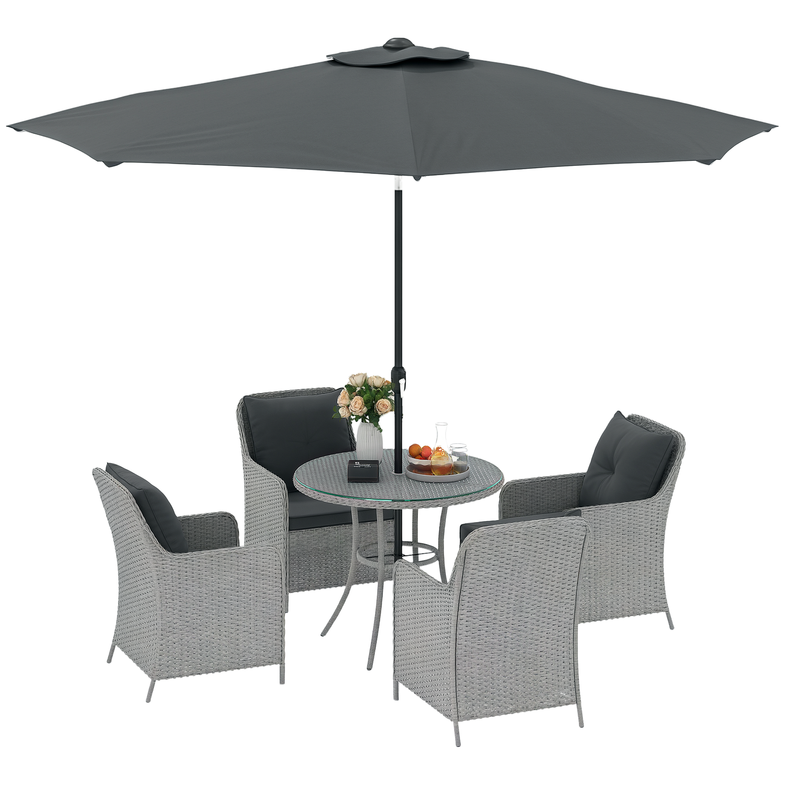 Outsunny Luxury Rattan Garden Dining Set W/ Parasol, Cushions, Light Grey