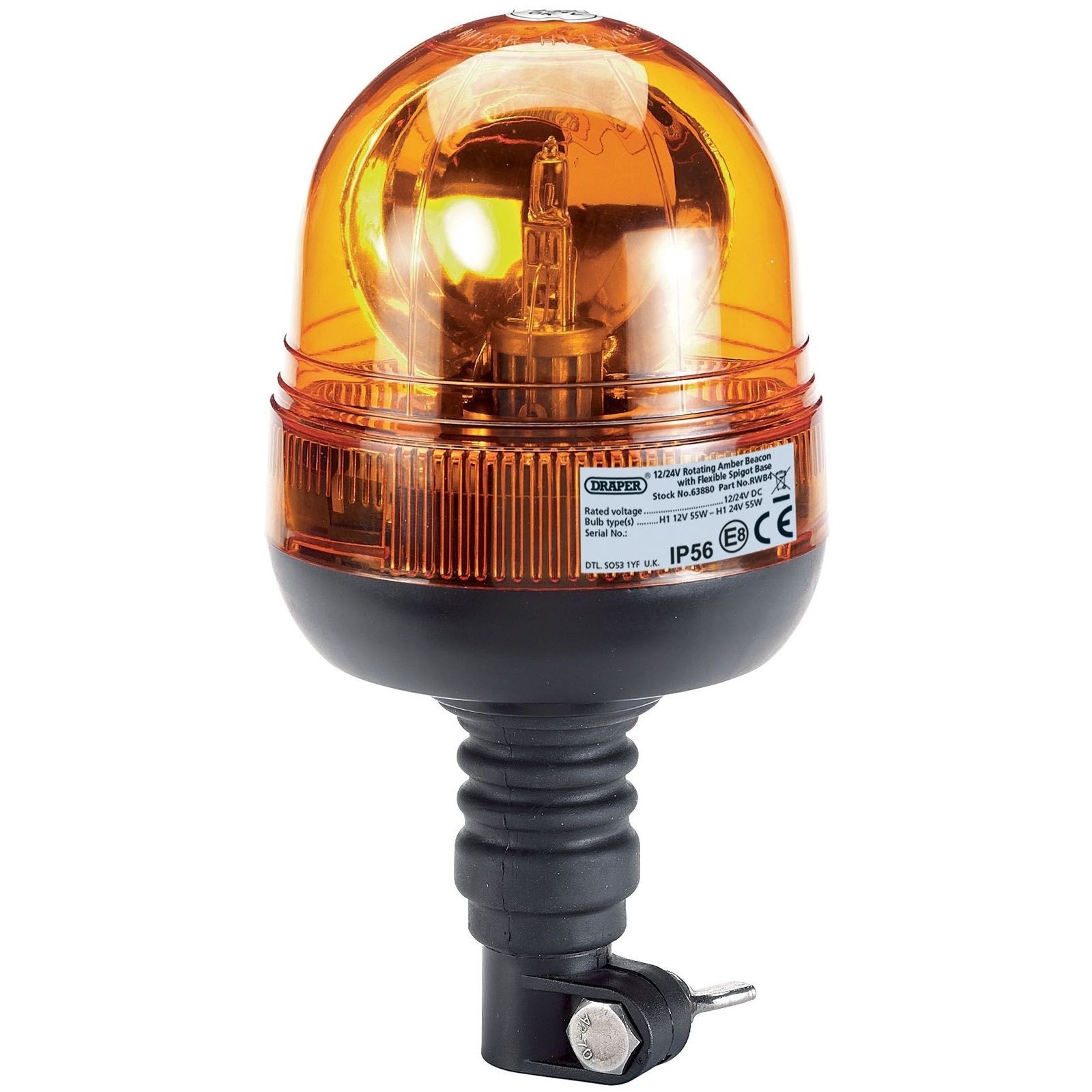 1x Draper 12/24V Flexible Spigot Base Rotating Beacon - 63880