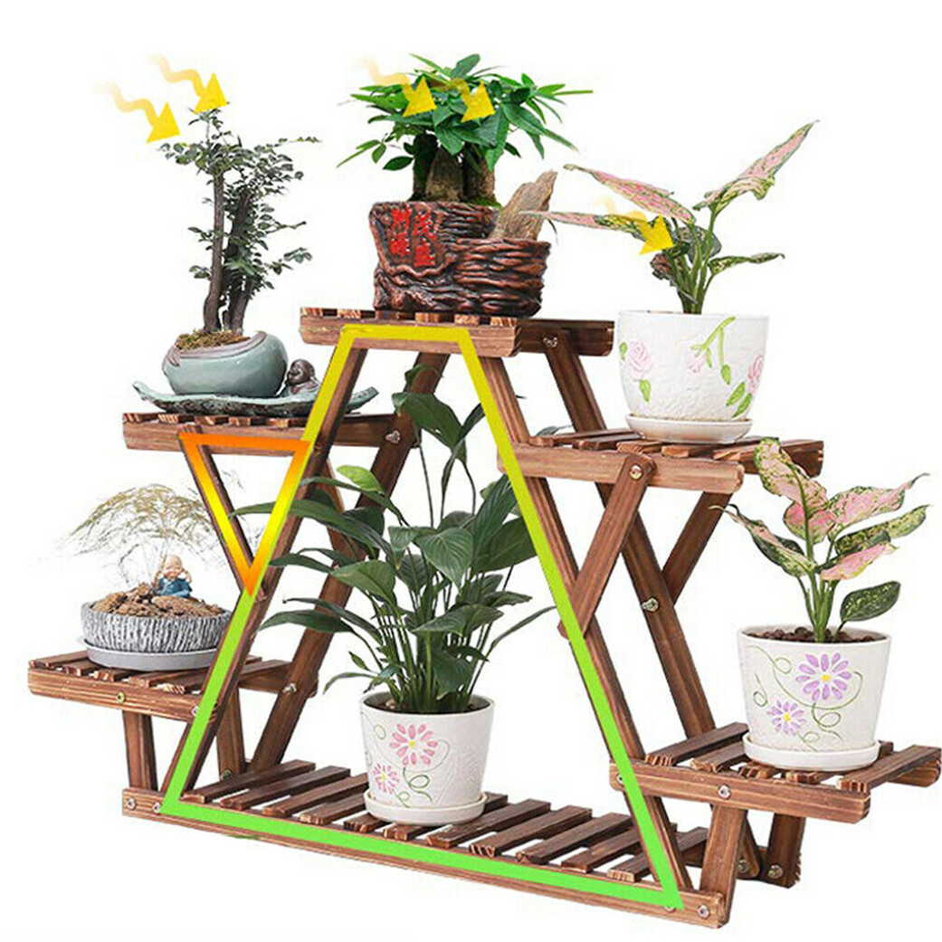 6 Tier Stable Triangular Structure Wooden Plant Stand Shelf Outdoor Corner Rack
