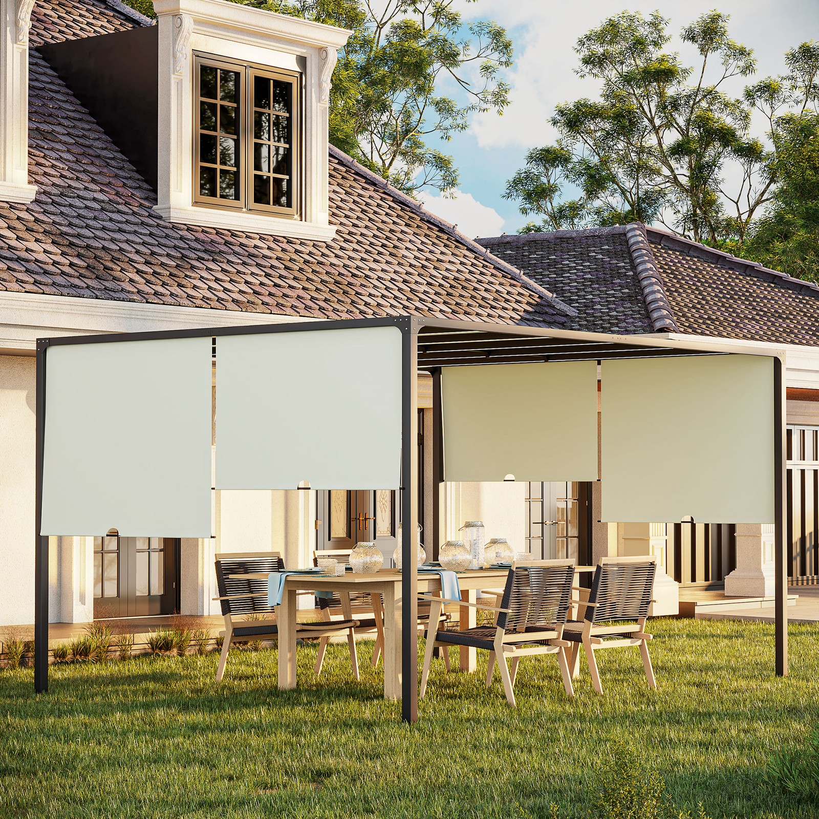 3 x 4m Metal Pergola with Sliding Roof, LED Lights for BBQ Cream White