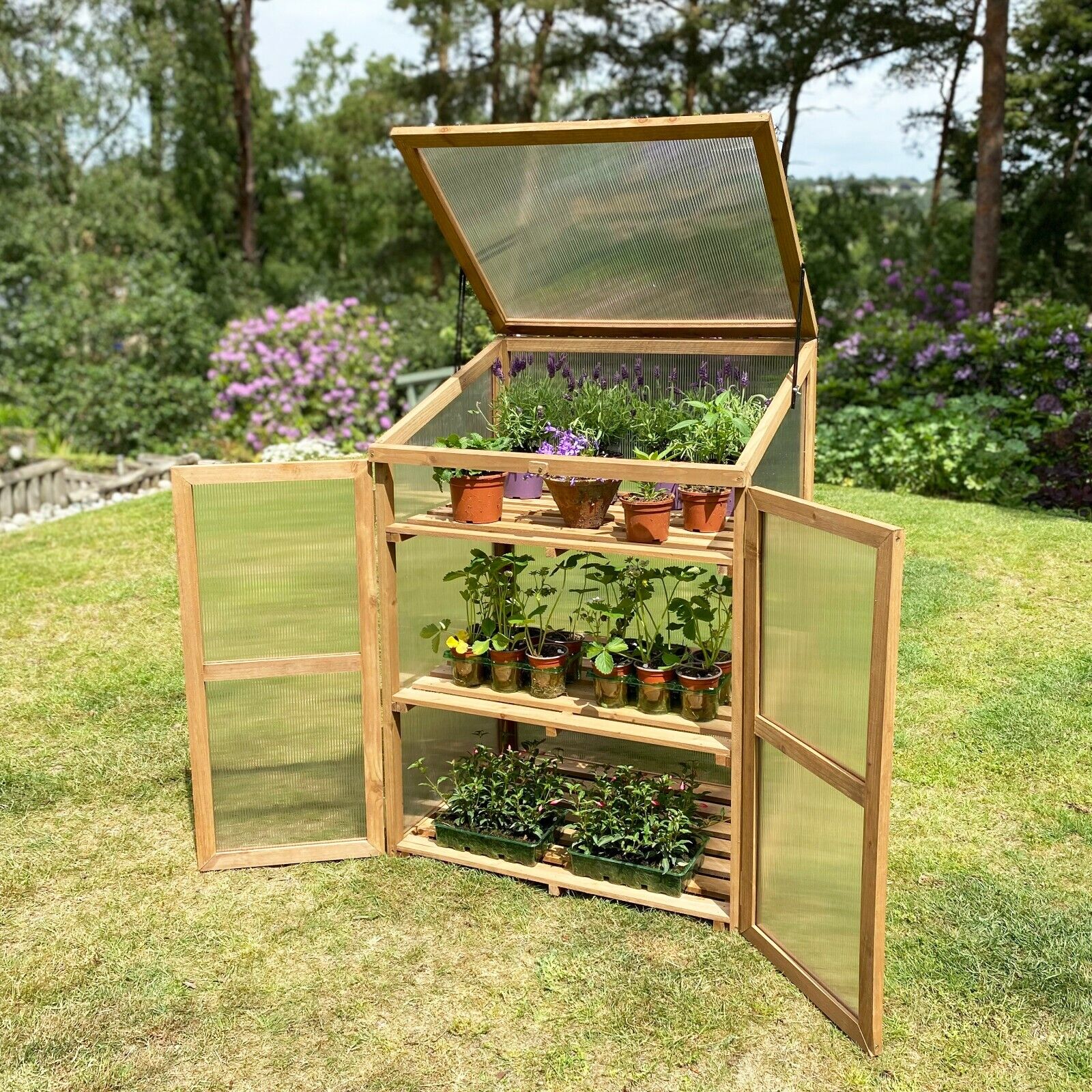 Wooden Polycarbonate Growhouse Cold Frame Mini Greenhouse (110cm x 76cm x 57cm)