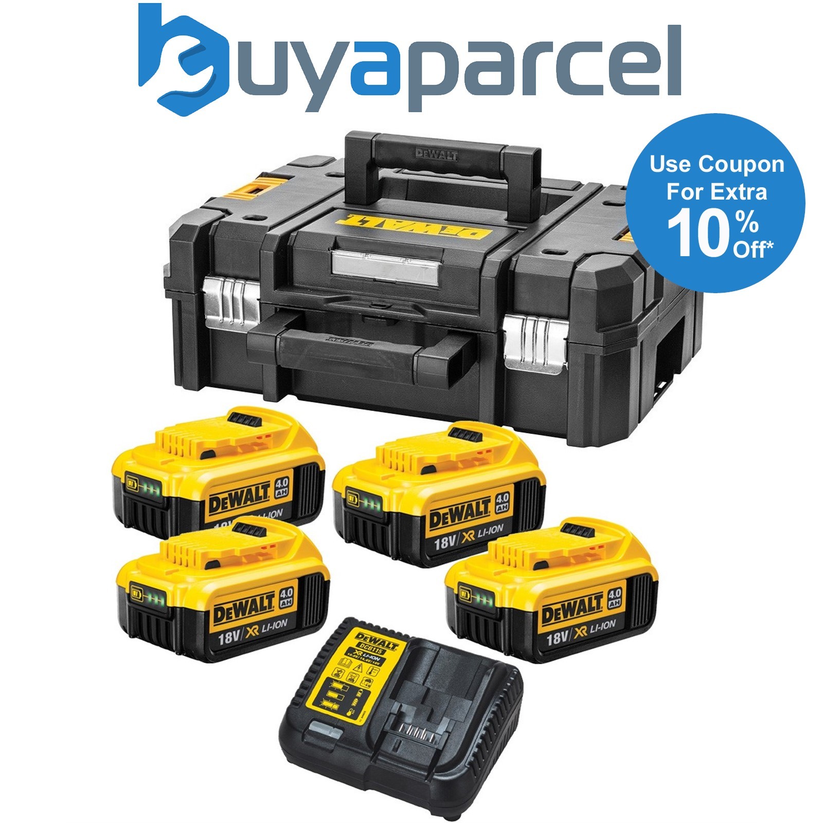 Dewalt XR Power Source Kit 4x DCB182 4.0ah 18v Batteries + DCB115 Charger +Tstak