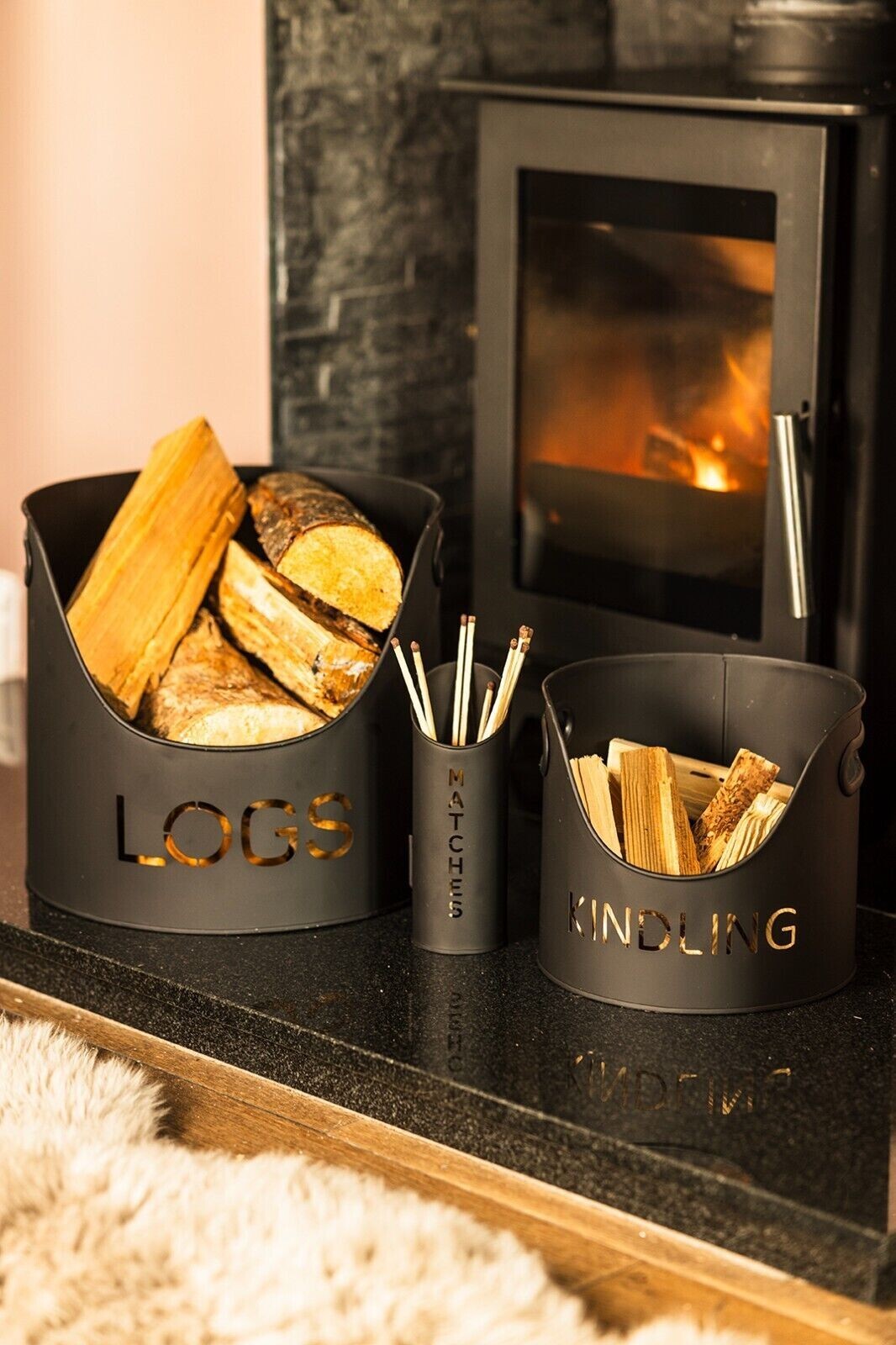 Fireside Log Kindling Storage Accessory Set Black Matches Scuttle Home Tidy Fire