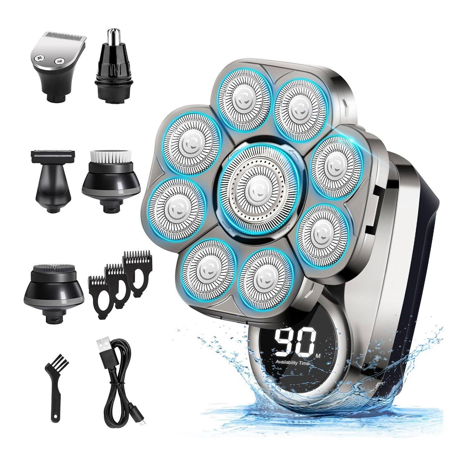 Head Shaver, 9D Electric IP67 Men's Rotary Head Beard Shaver with1508