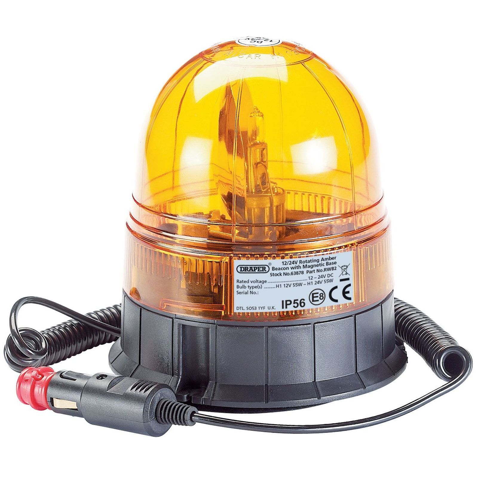 1x Draper 12/24V Magnetic Base Rotating Beacon - 63878