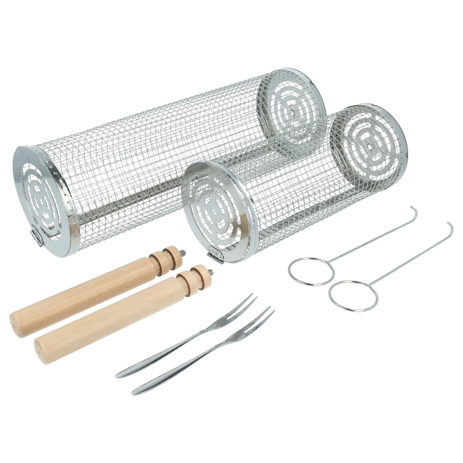 2x Rolling Grill Basket Large & Small for Grills - Stainless Steel / Wood