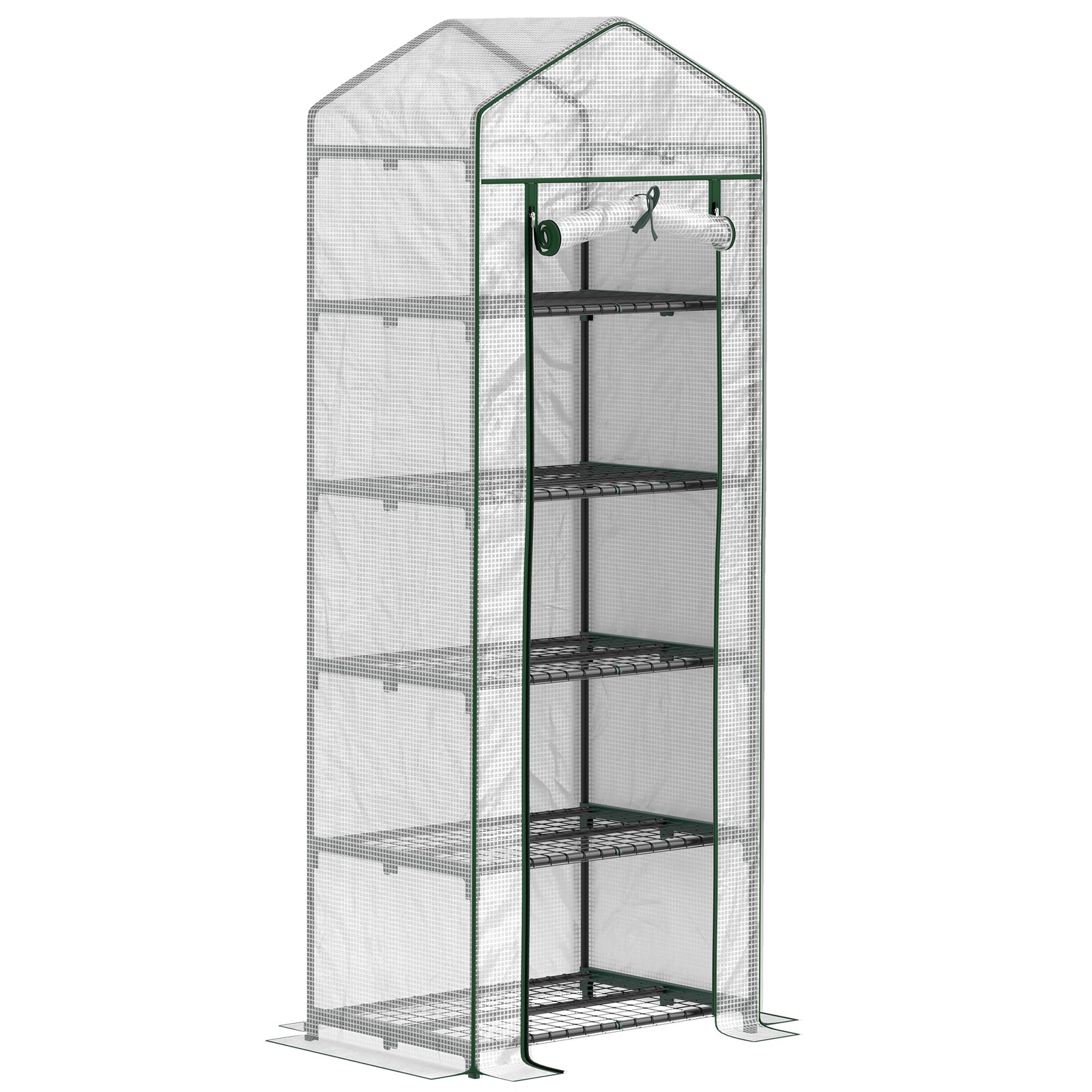Outsunny 5 Tier Mini Greenhouse Grow House w/ Roll Up Door, White/Green