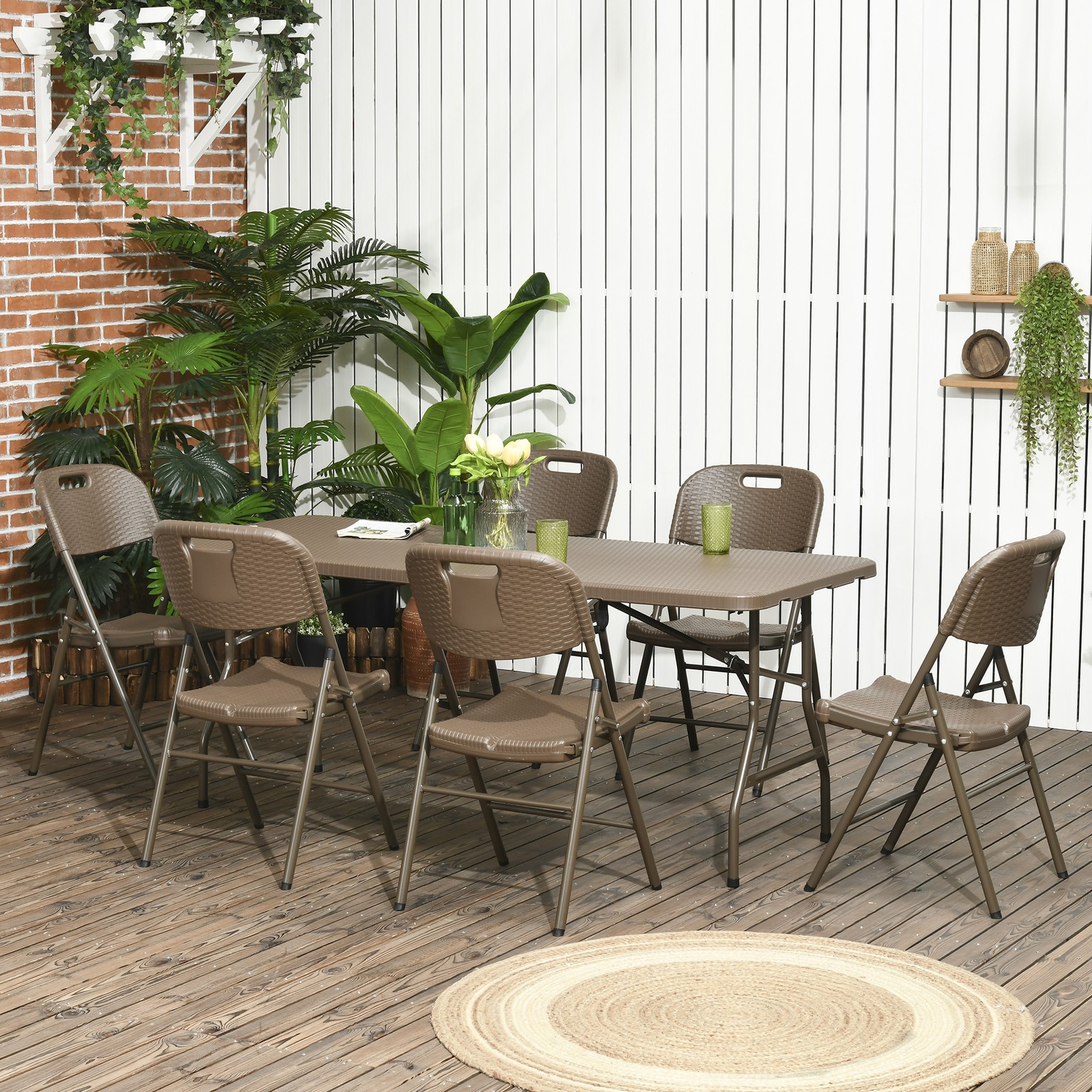 7 PCs HDPE Molding Design Resin Rattan Dining Set, Foldable Table & Chairs