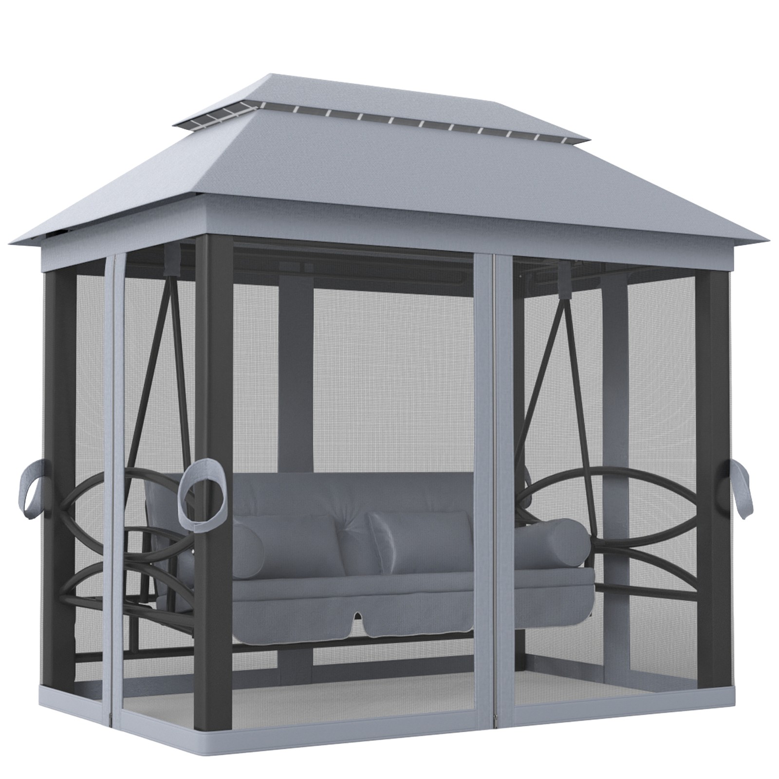 Outsunny 3 Person Canopy Gazebo Swing Outdoor Patio Lounge w/ Mesh Walls, Grey