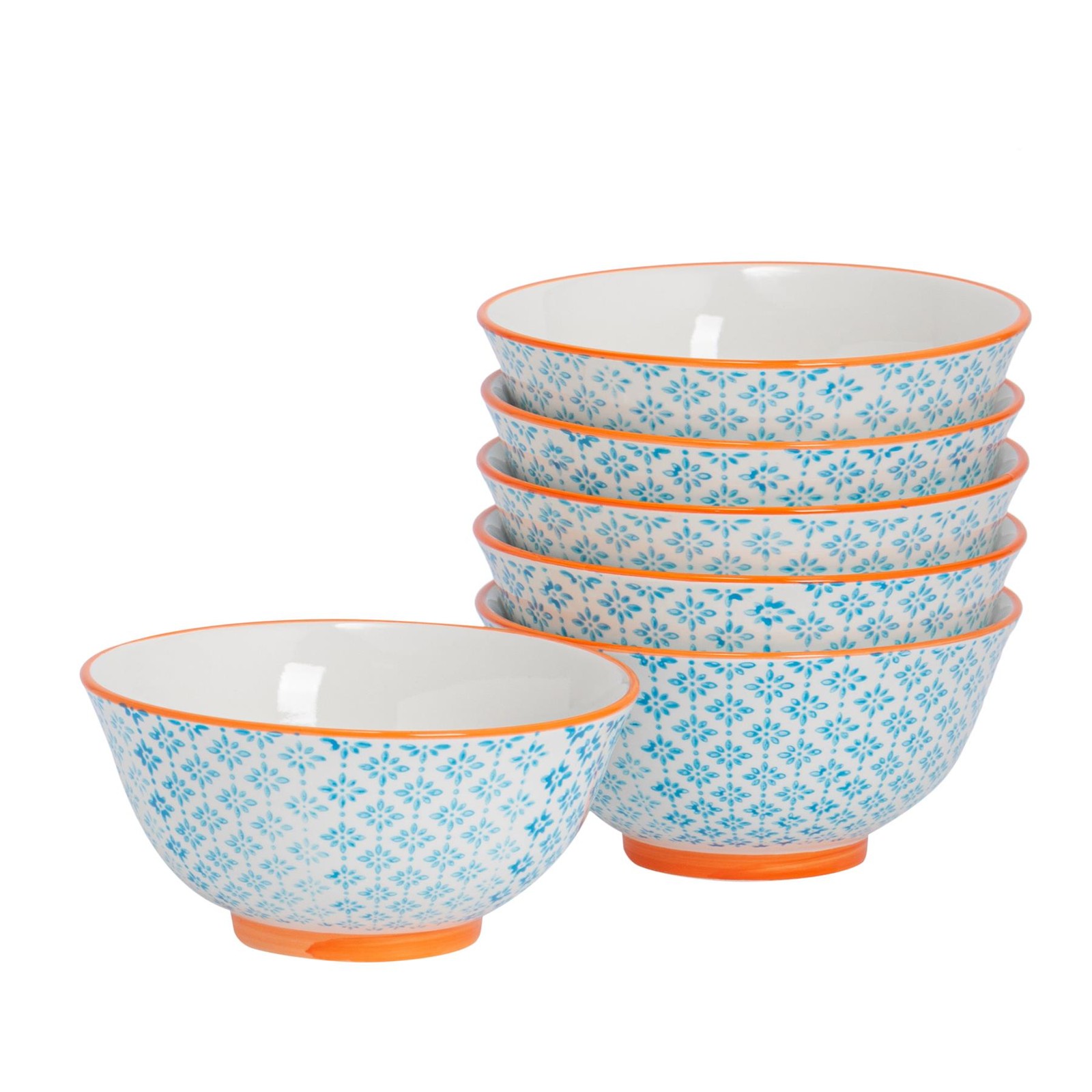 6x Hand-Printed Cereal Bowls Porcelain Breakfast Dining Crockery 16cm Blue
