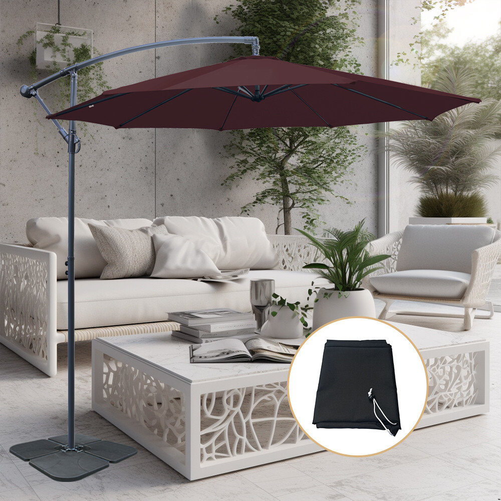 3m Garden Cantilever Patio Parasol Banana Umbrella w/ Base Weight Cover Wine Red