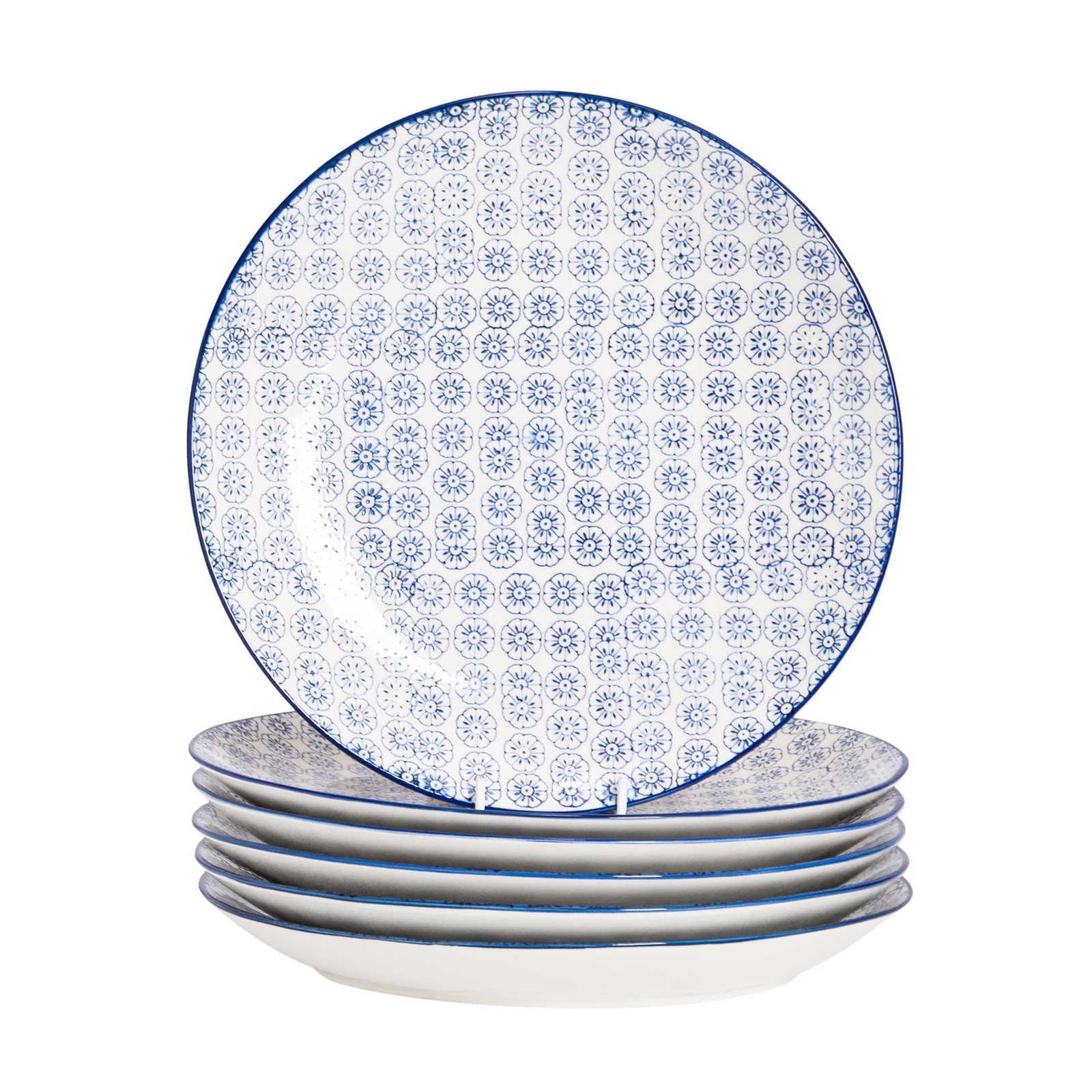 6x Hand-Printed Dinner Plates Japanese Porcelain Dining Crockery 25.5cm Navy