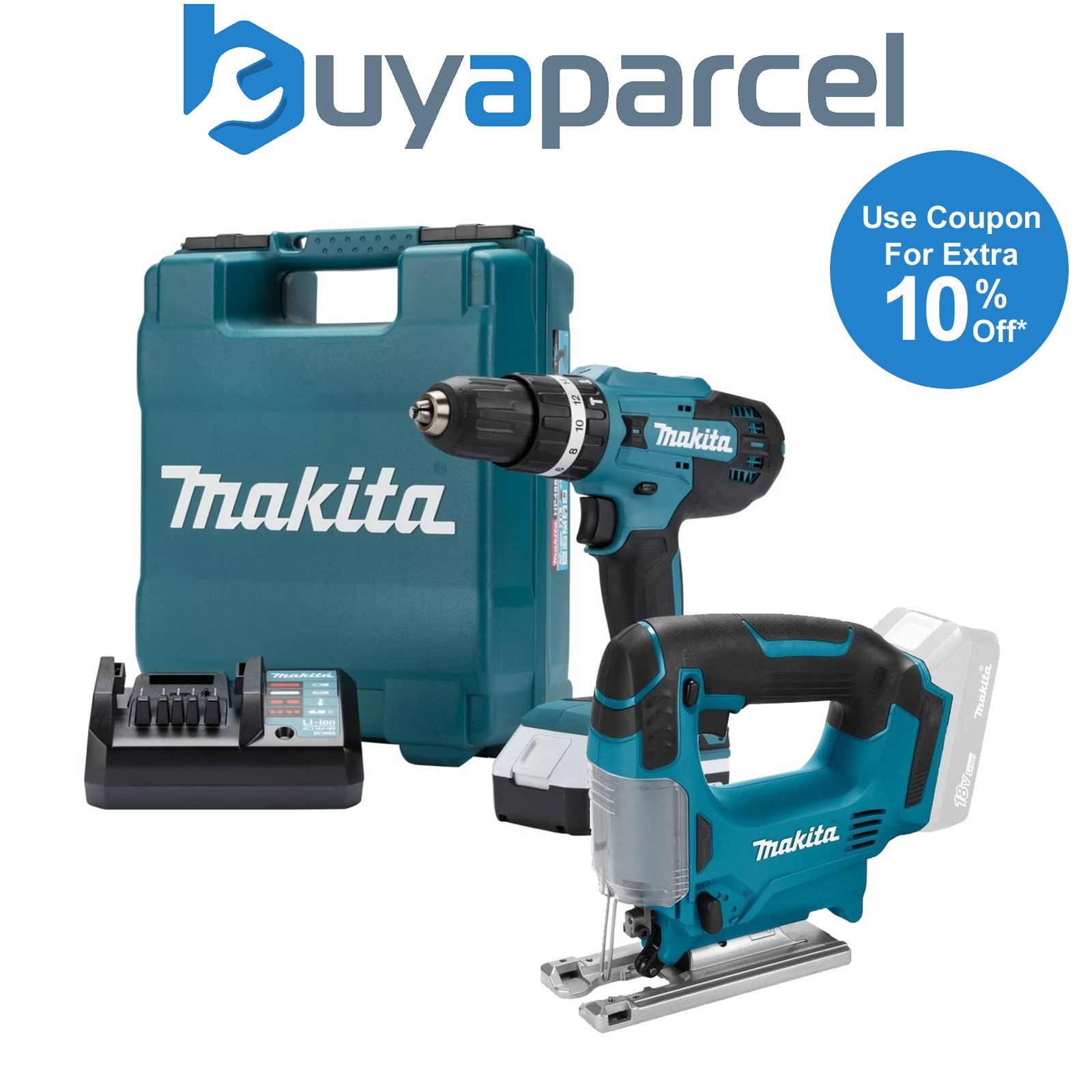 Makita 18v Lithium ion Cordless Combi Hammer Drill + Jigsaw -1x2.0 Battery