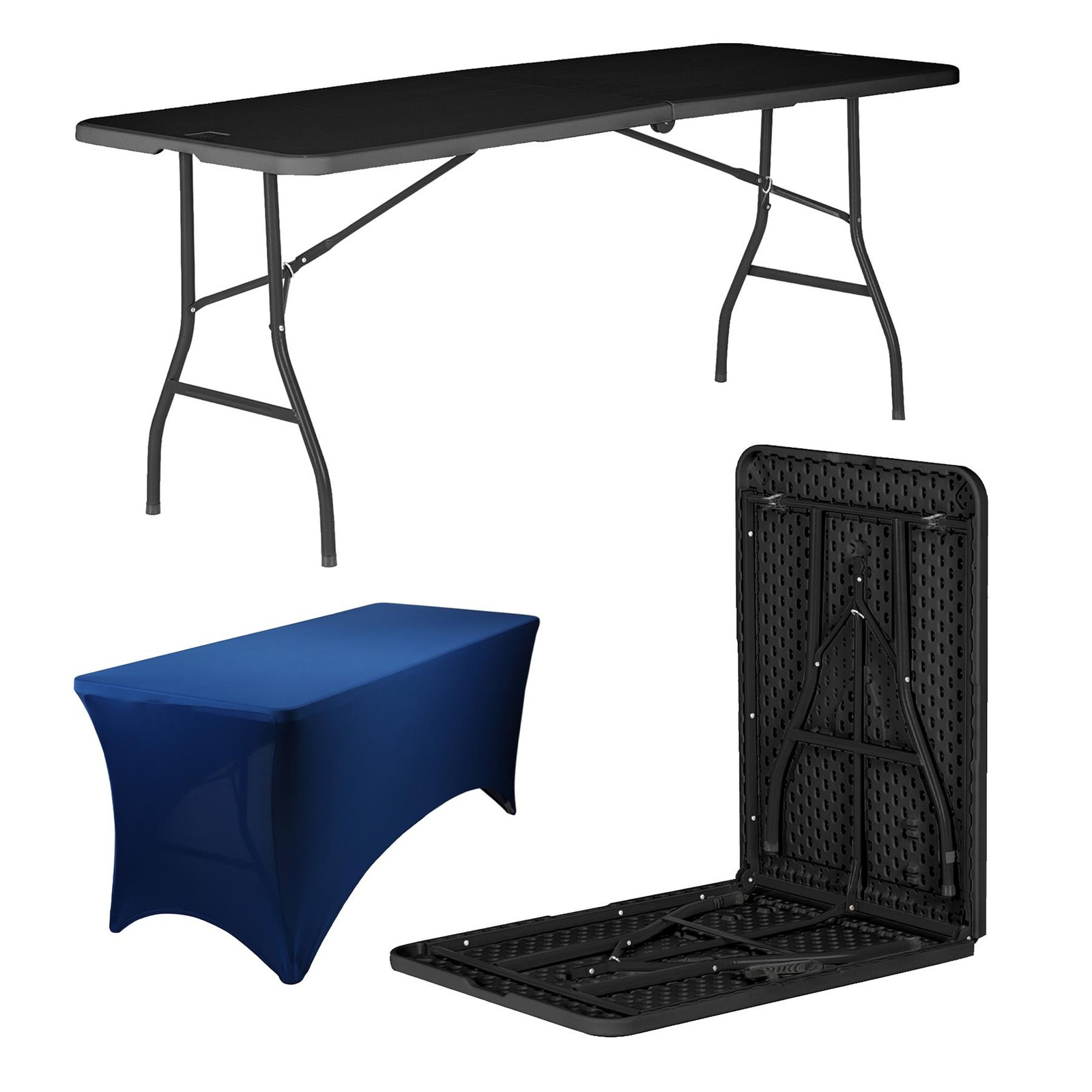 1x Folding Camping Picnic Table with Fitted Tablecloth 180cm (6ft) Black/Blue