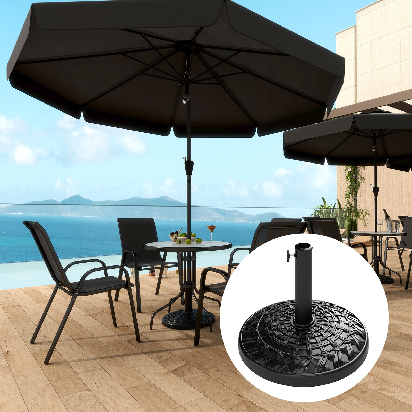 12kg Garden Parasol Base, Resin Parasol Stand for 38/48mm Umbrella Poles, Black