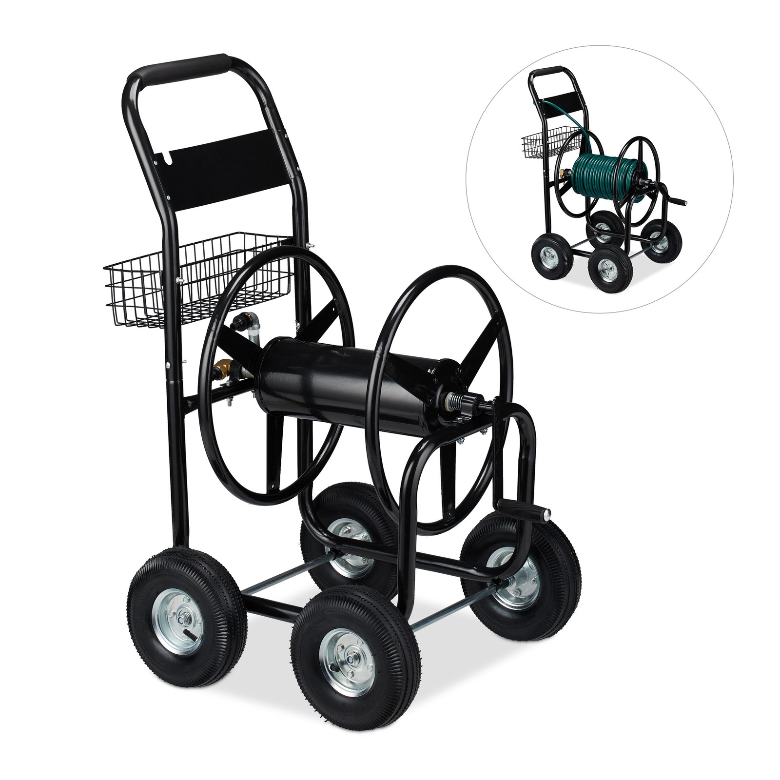 Hosepipe reel cart Hose Pipe Trolley 4 Wheels Black Garden Hose Cart