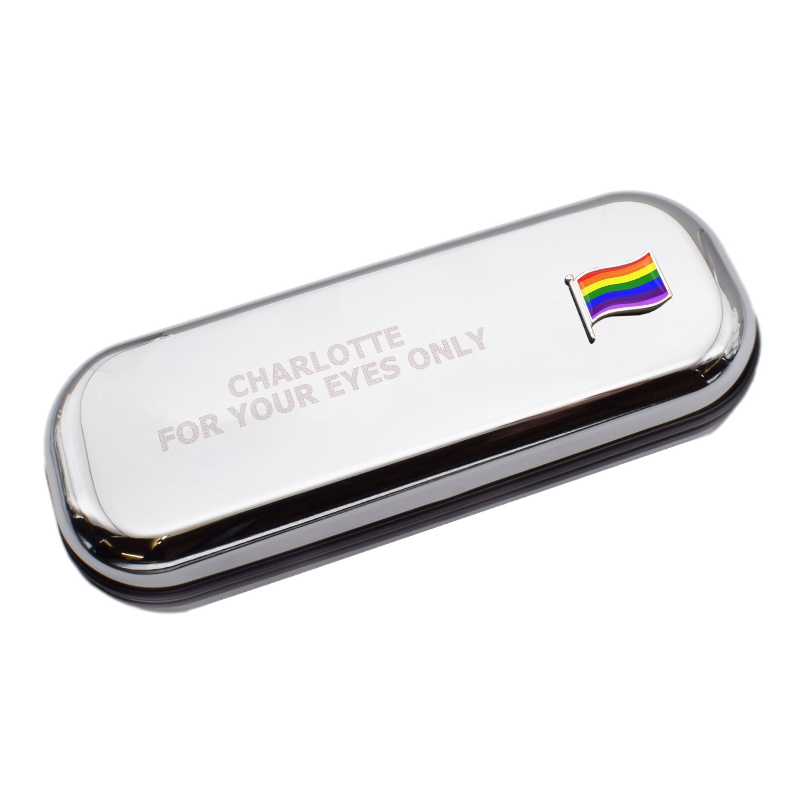 Rainbow Wave Flag & Engraved With Message Chromed Glasses Case Box
