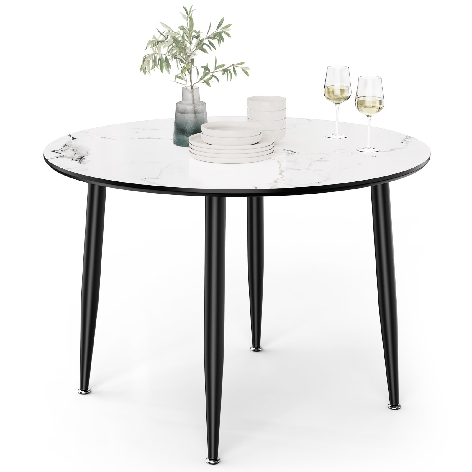 4 Seater Dining Table, Marble Top Effect Round Kitchen Table - VonHaus