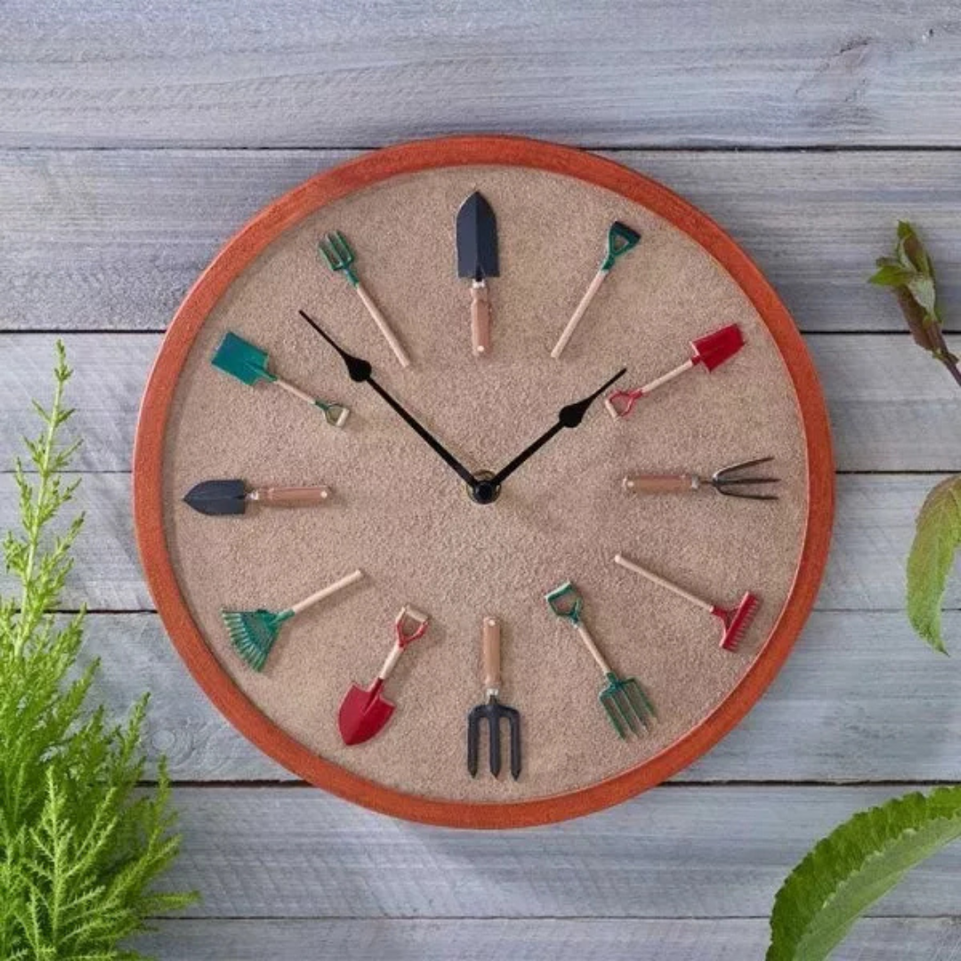 Large Garden Wall Clock Gardener Tools Outdoor Decor Battery Weatherproof Round