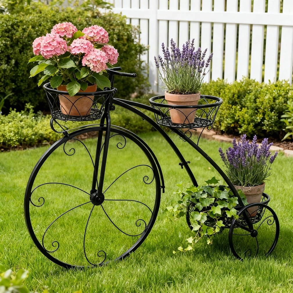 3 Pot Rugged Plant Stand Tricycle Flower Cart Basket Holder Garden Pool Balcony