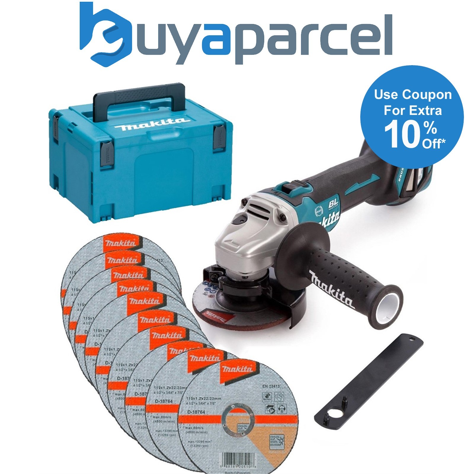 Makita DGA463Z 18v Cordless Brushless 115mm Angle Grinder 10 Thin Discs + Macpak